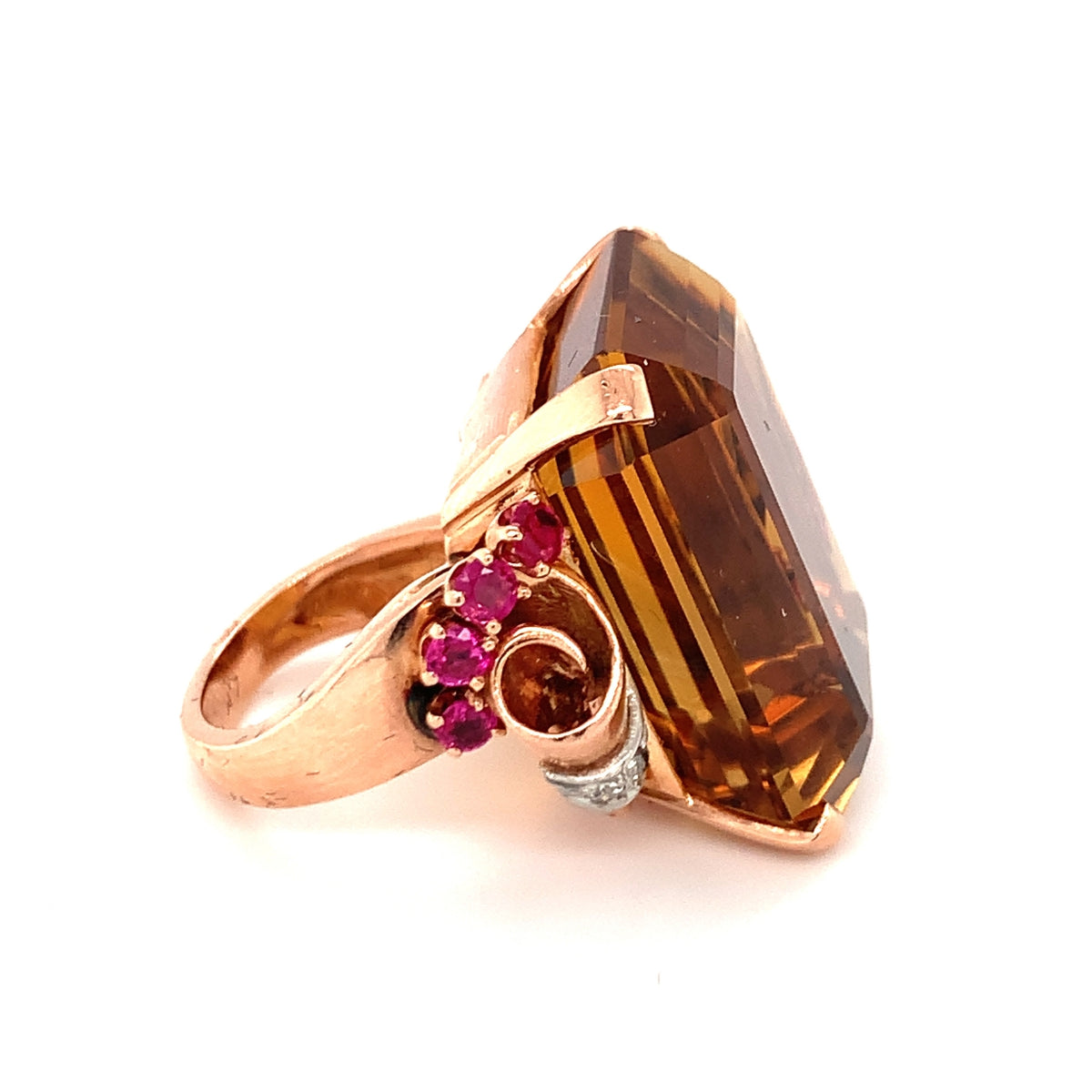 Retro Citrine, Ruby and Diamond 18K Rose Gold Ring, circa 1940s