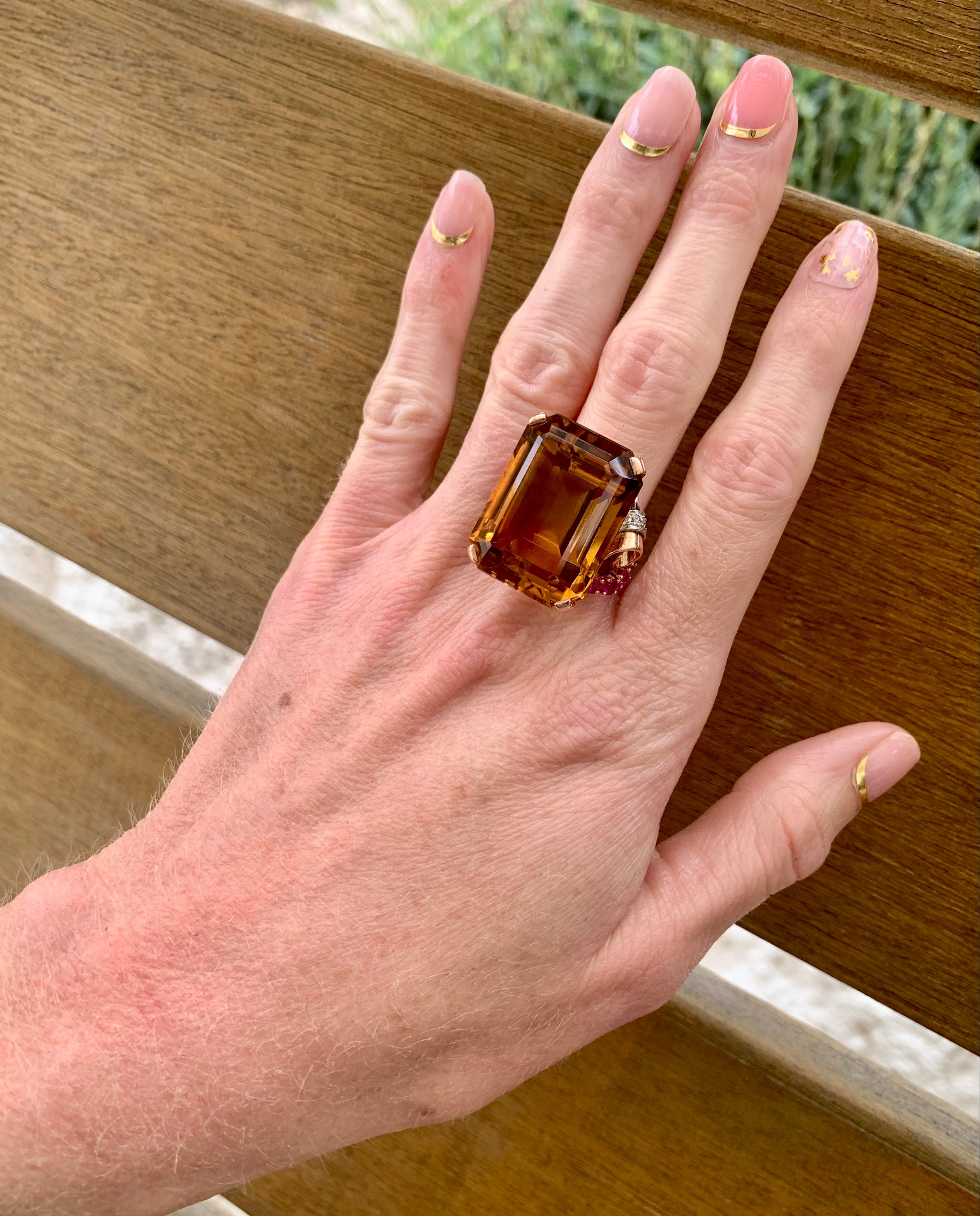 Retro Citrine, Ruby and Diamond 18K Rose Gold Ring, circa 1940s
