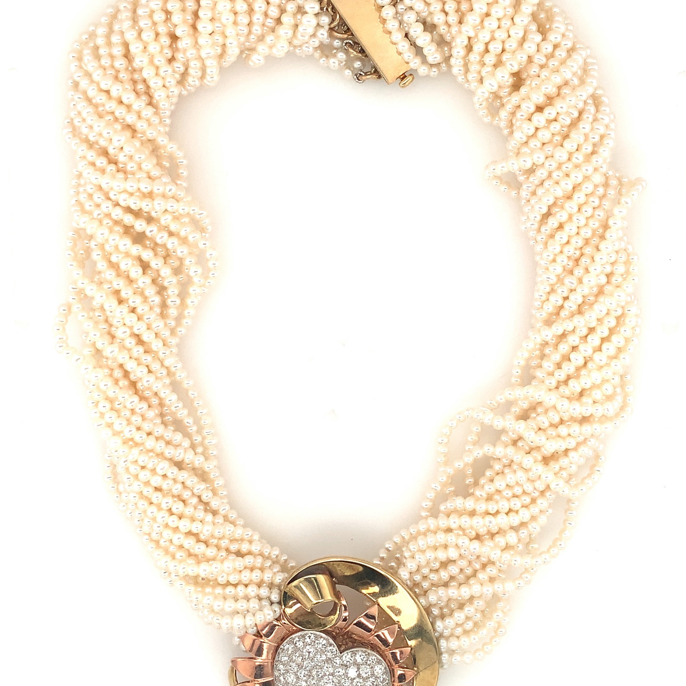 Retro Diamond Pearl 14K Yellow and Rose Gold/Platinum Necklace, circa 1940s