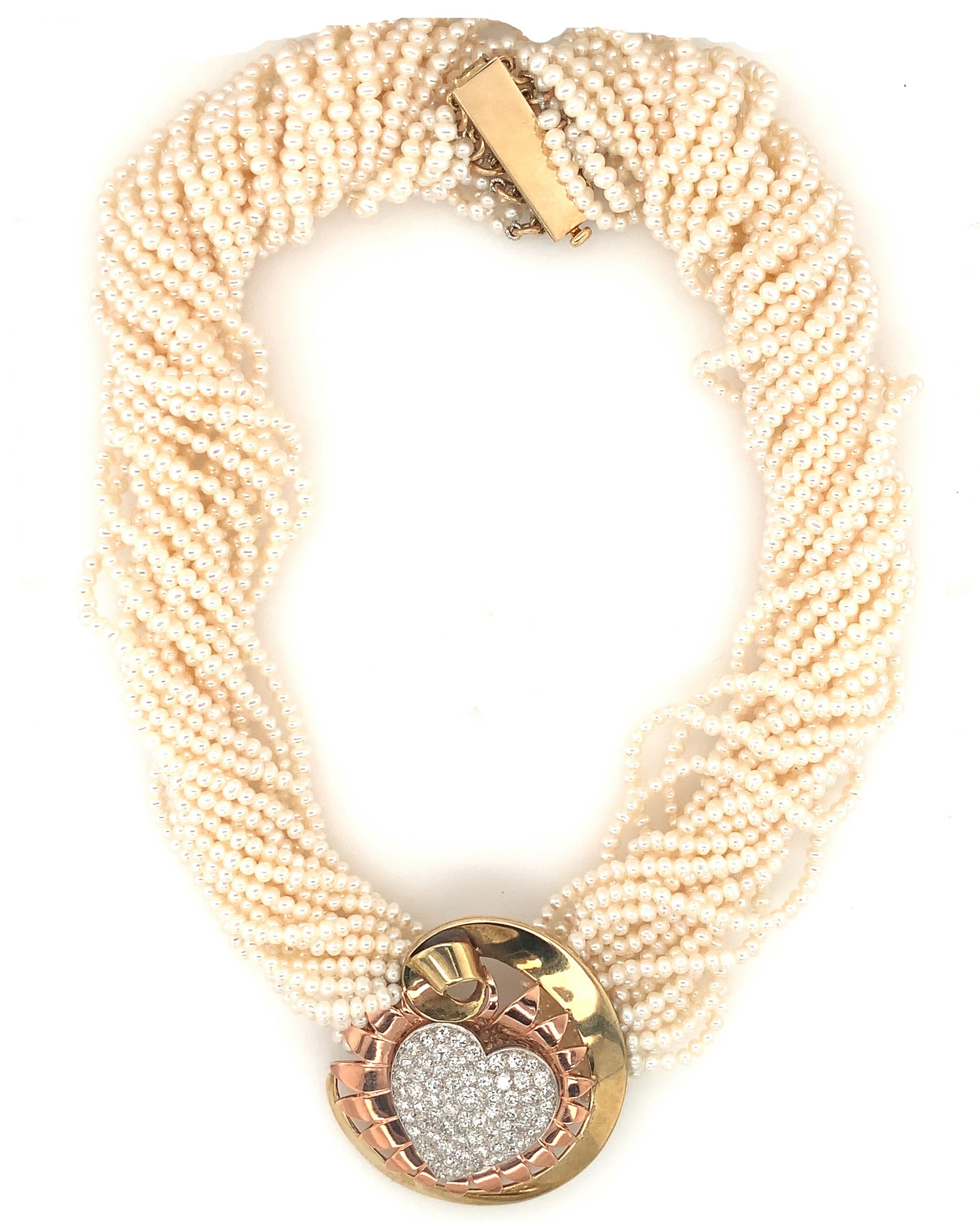 Retro Diamond Pearl 14K Yellow and Rose Gold/Platinum Necklace, circa 1940s