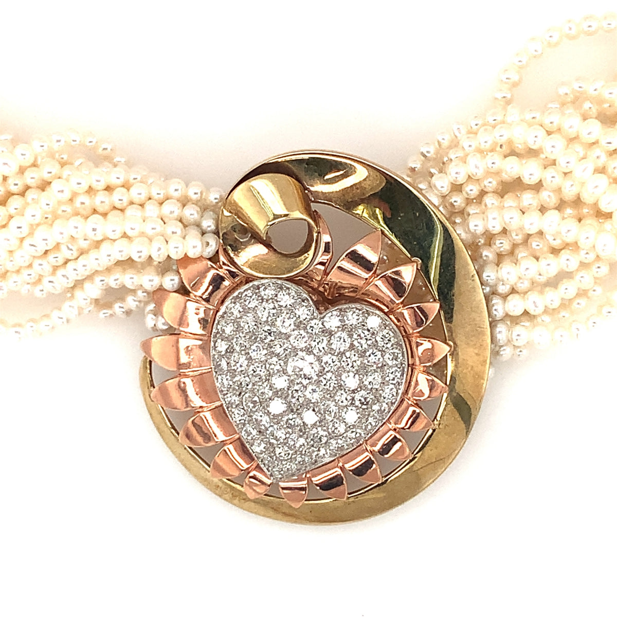 Retro Diamond Pearl 14K Yellow and Rose Gold/Platinum Necklace, circa 1940s