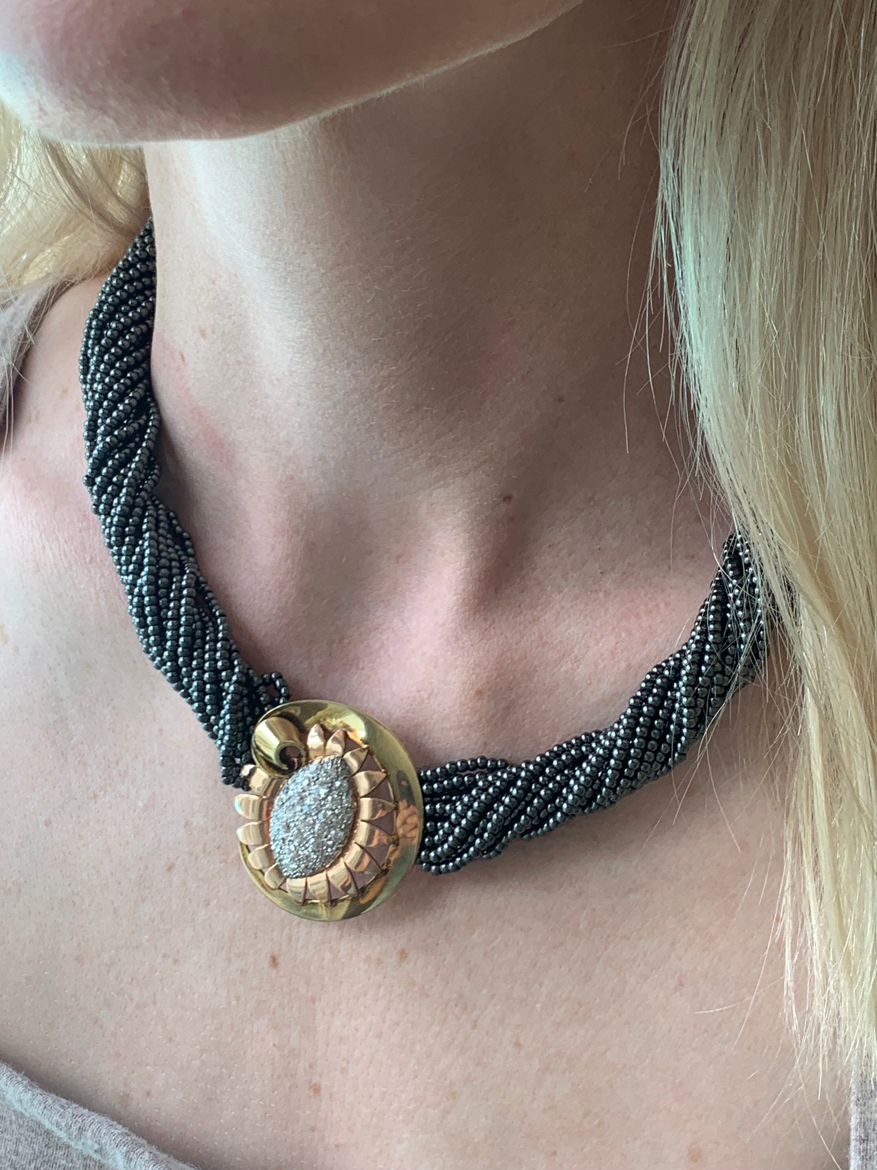Retro Diamond and Hematite Platinum and 14k Gold Necklace, circa 1940s