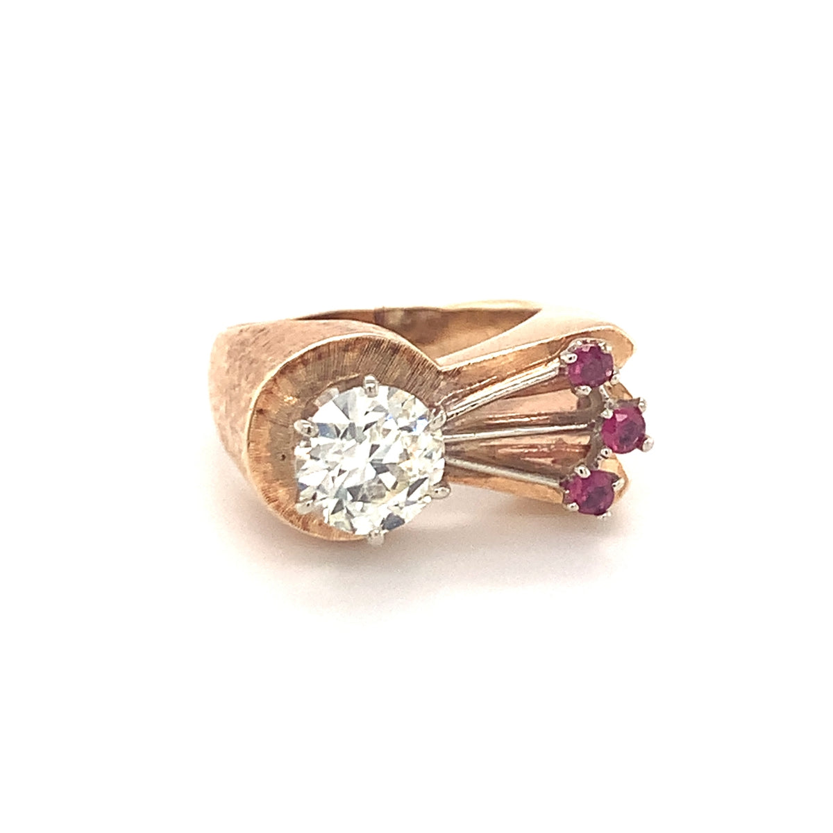 Retro Diamond and Ruby 14K Rose Gold Ring, circa 1940s