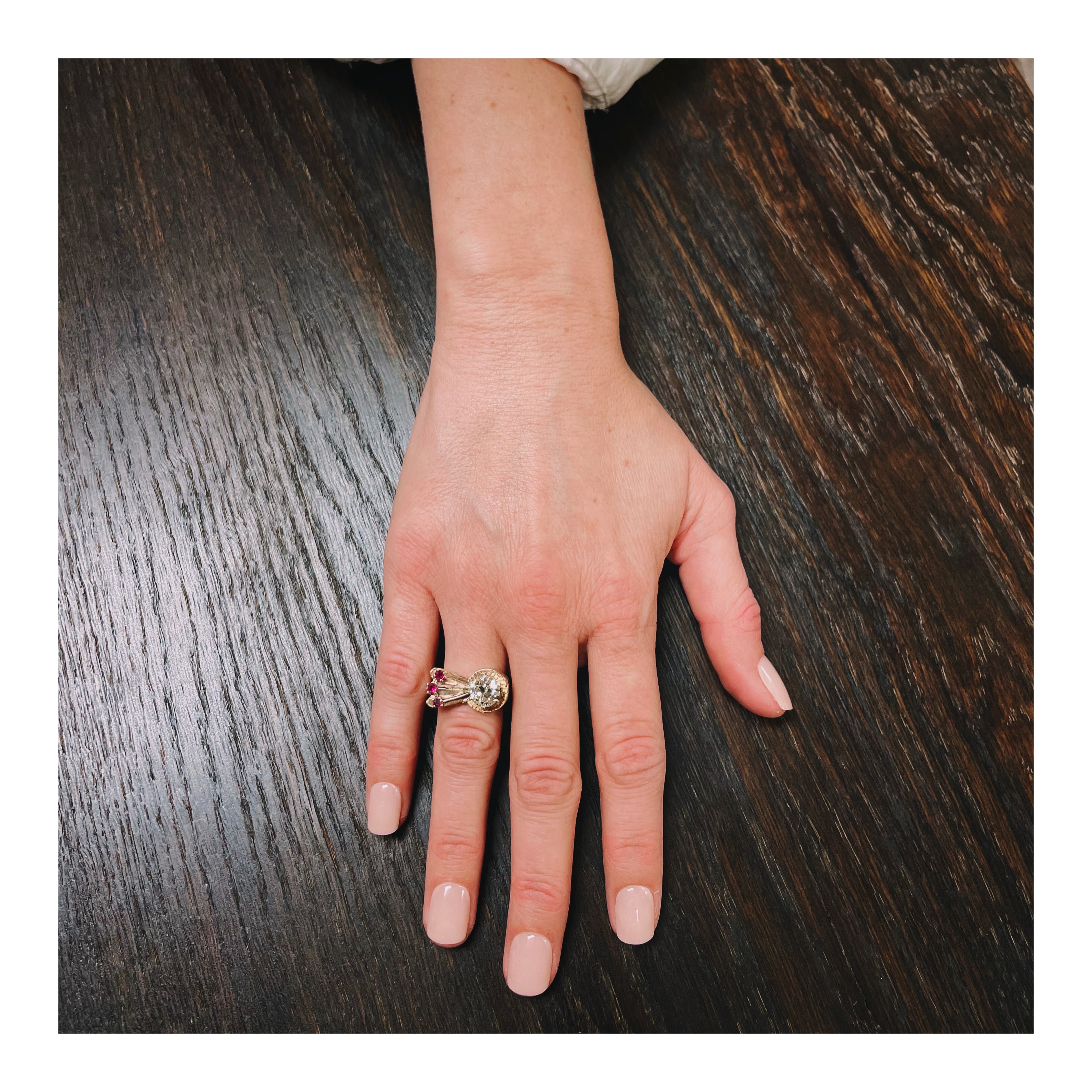 Retro Diamond and Ruby 14K Rose Gold Ring, circa 1940s