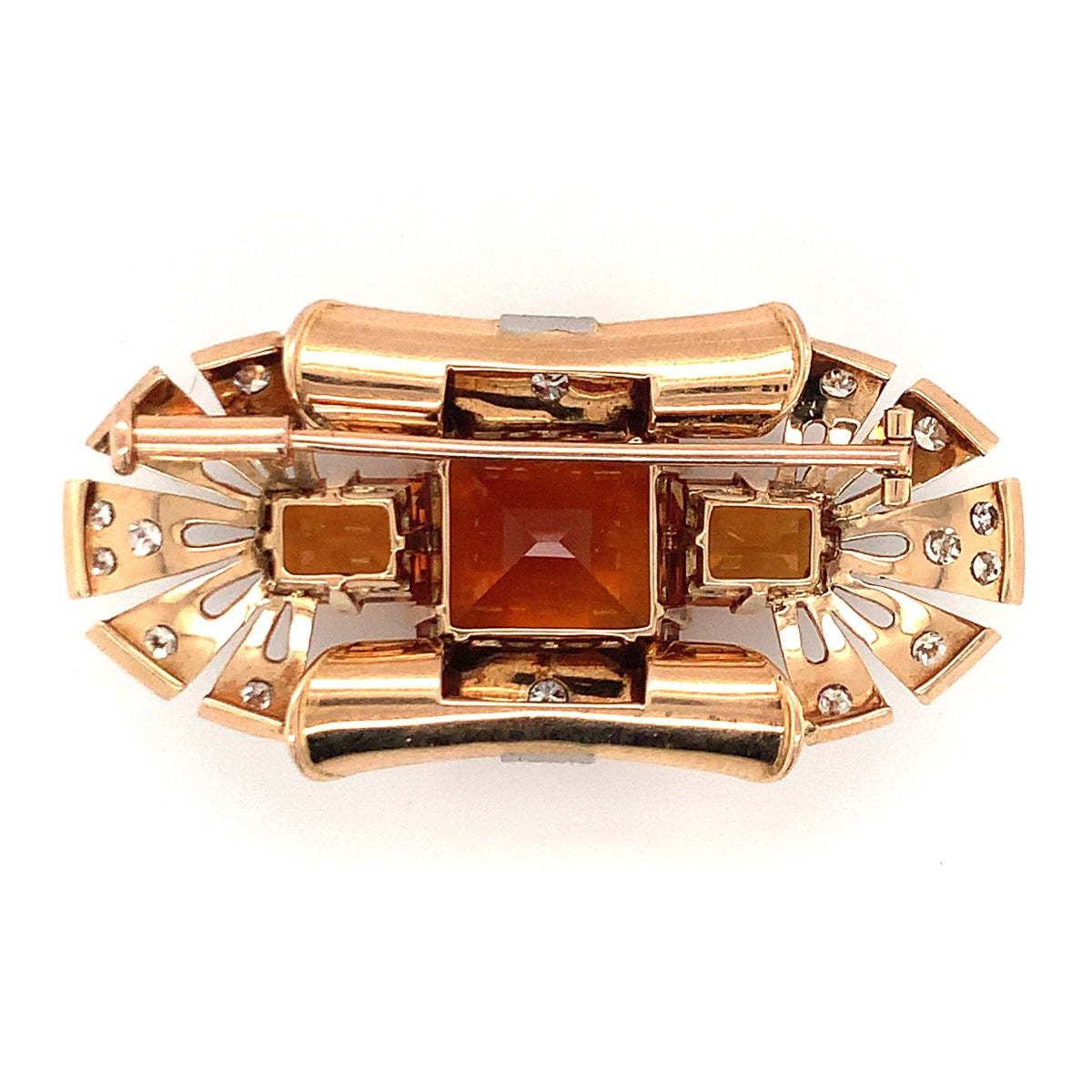 Retro Period Citrine and Diamond Brooch in 14K Gold, circa 1940s