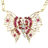 Retro Ruby and Diamond Yellow Gold Butterfly Pendant / Necklace