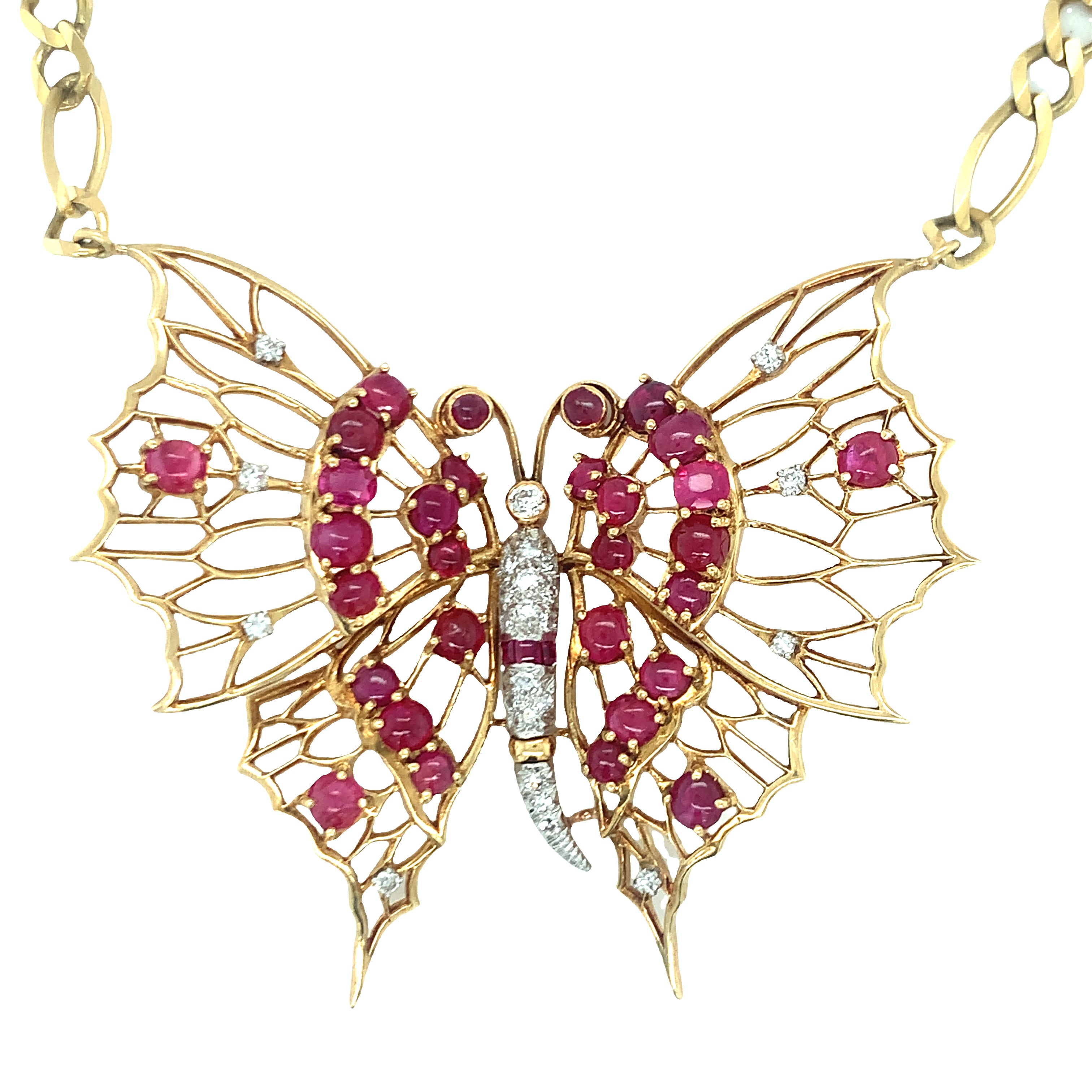 Retro Ruby and Diamond Yellow Gold Butterfly Pendant / Necklace