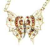 Retro Ruby and Diamond Yellow Gold Butterfly Pendant / Necklace
