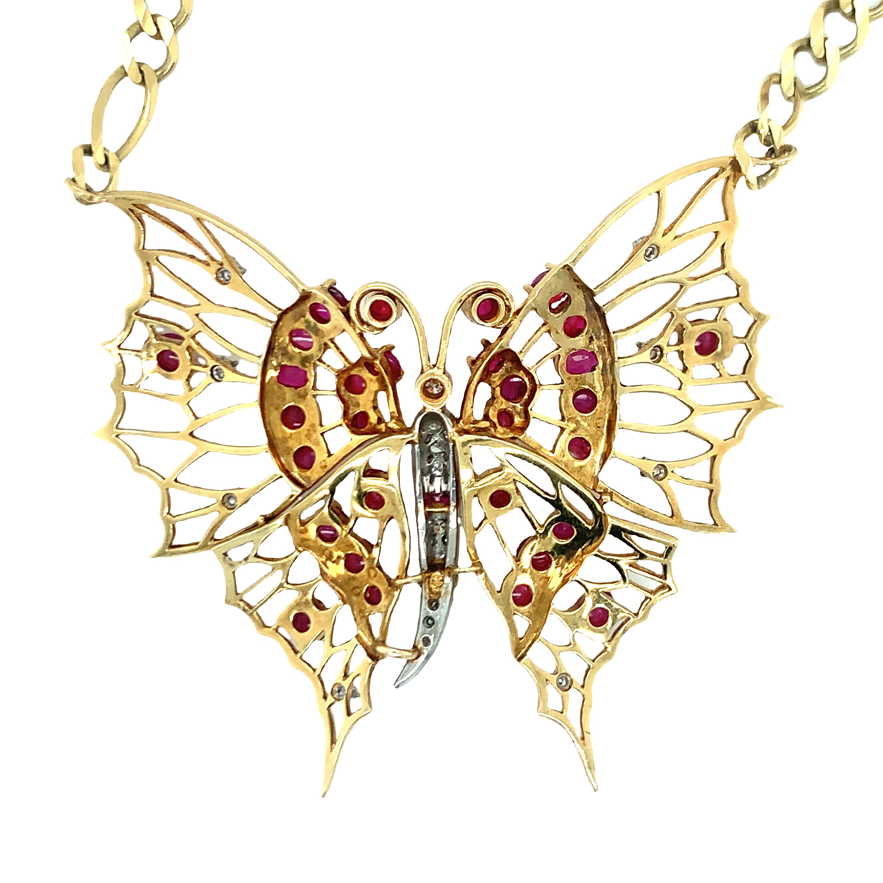 Retro Ruby and Diamond Yellow Gold Butterfly Pendant / Necklace