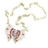 Retro Ruby and Diamond Yellow Gold Butterfly Pendant / Necklace