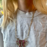 Retro Ruby and Diamond Yellow Gold Butterfly Pendant / Necklace