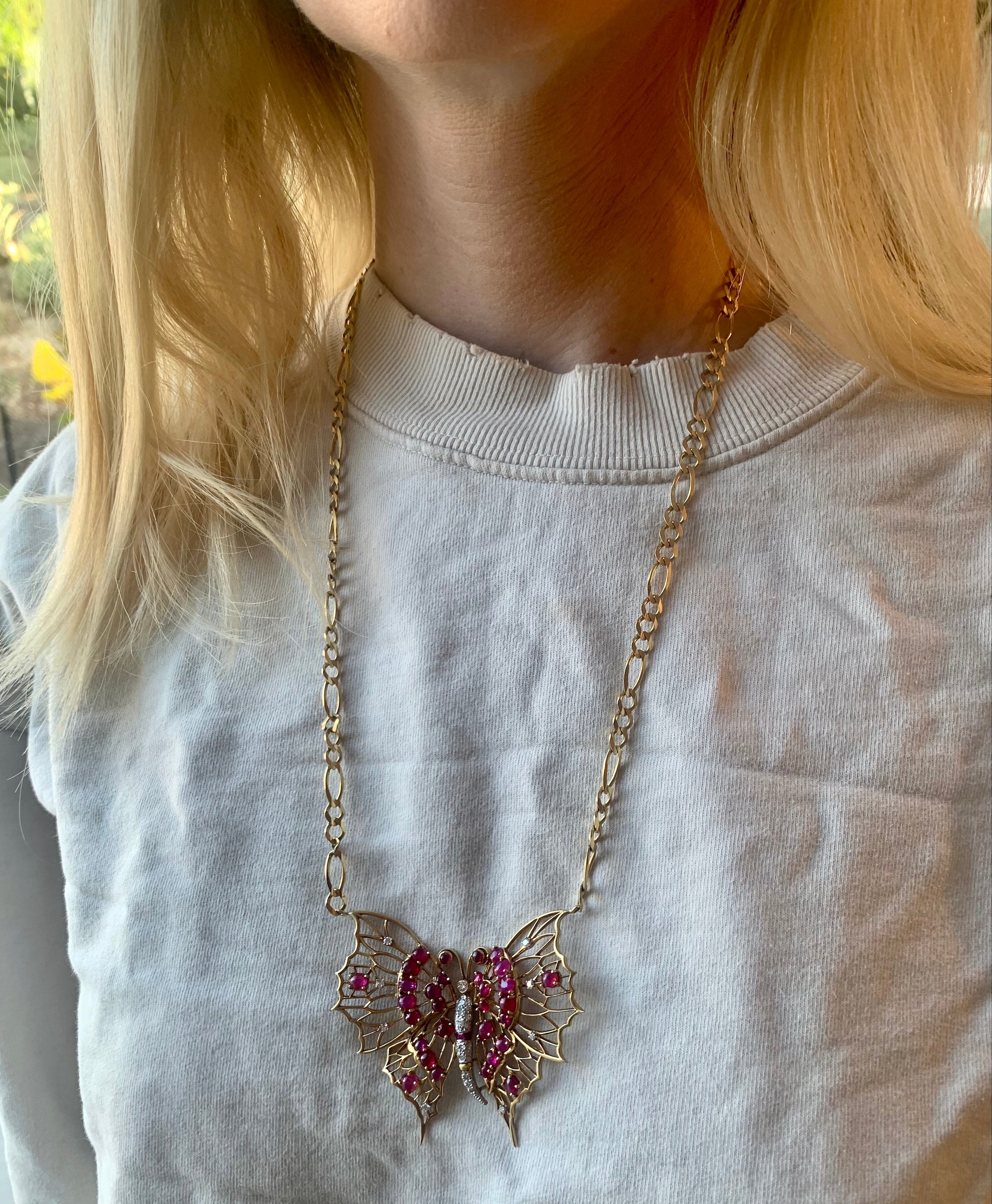 Retro Ruby and Diamond Yellow Gold Butterfly Pendant / Necklace