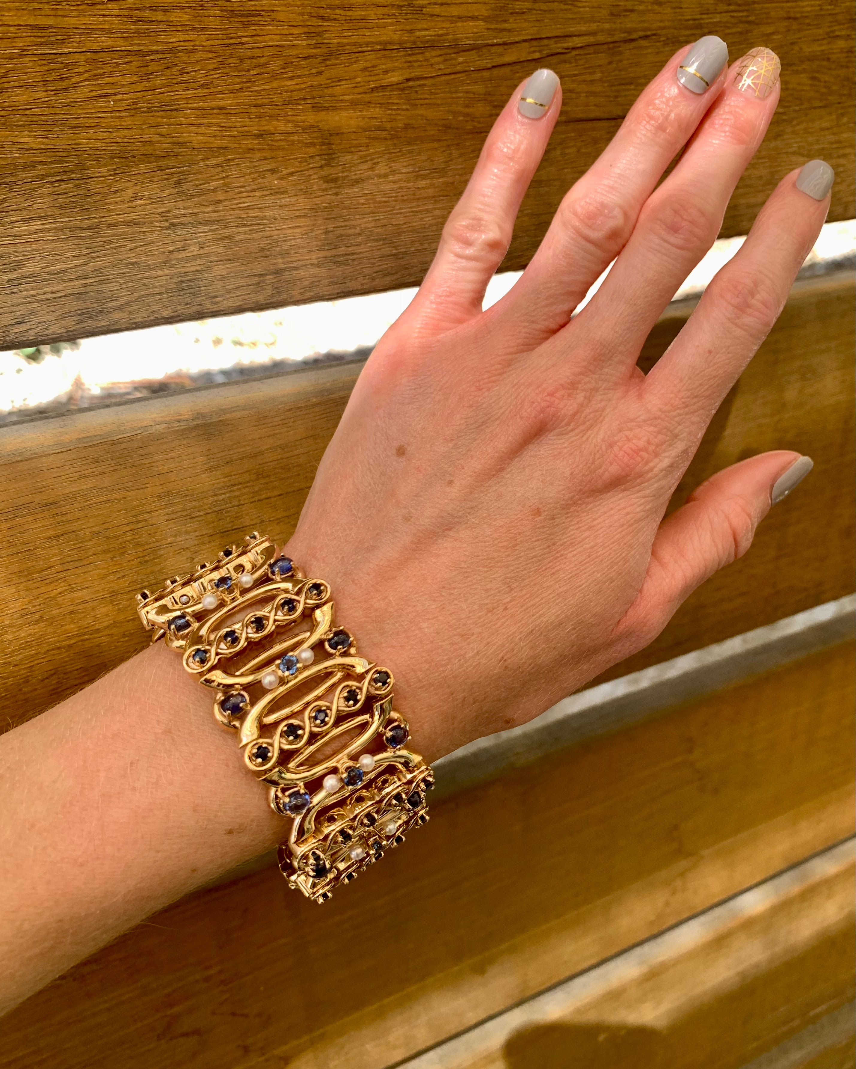 Retro Sapphire and Pearl 14k Yellow Gold Bracelet, circa 1940s