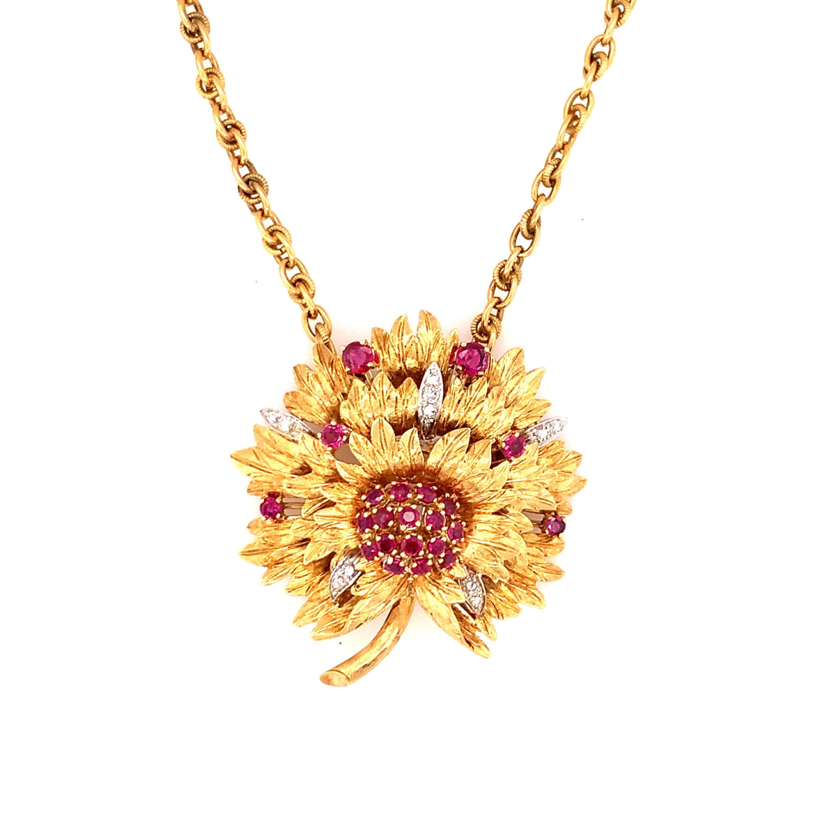 Ruby and Diamond 18K Yellow Gold Pendant / Brooch, circa 1960s