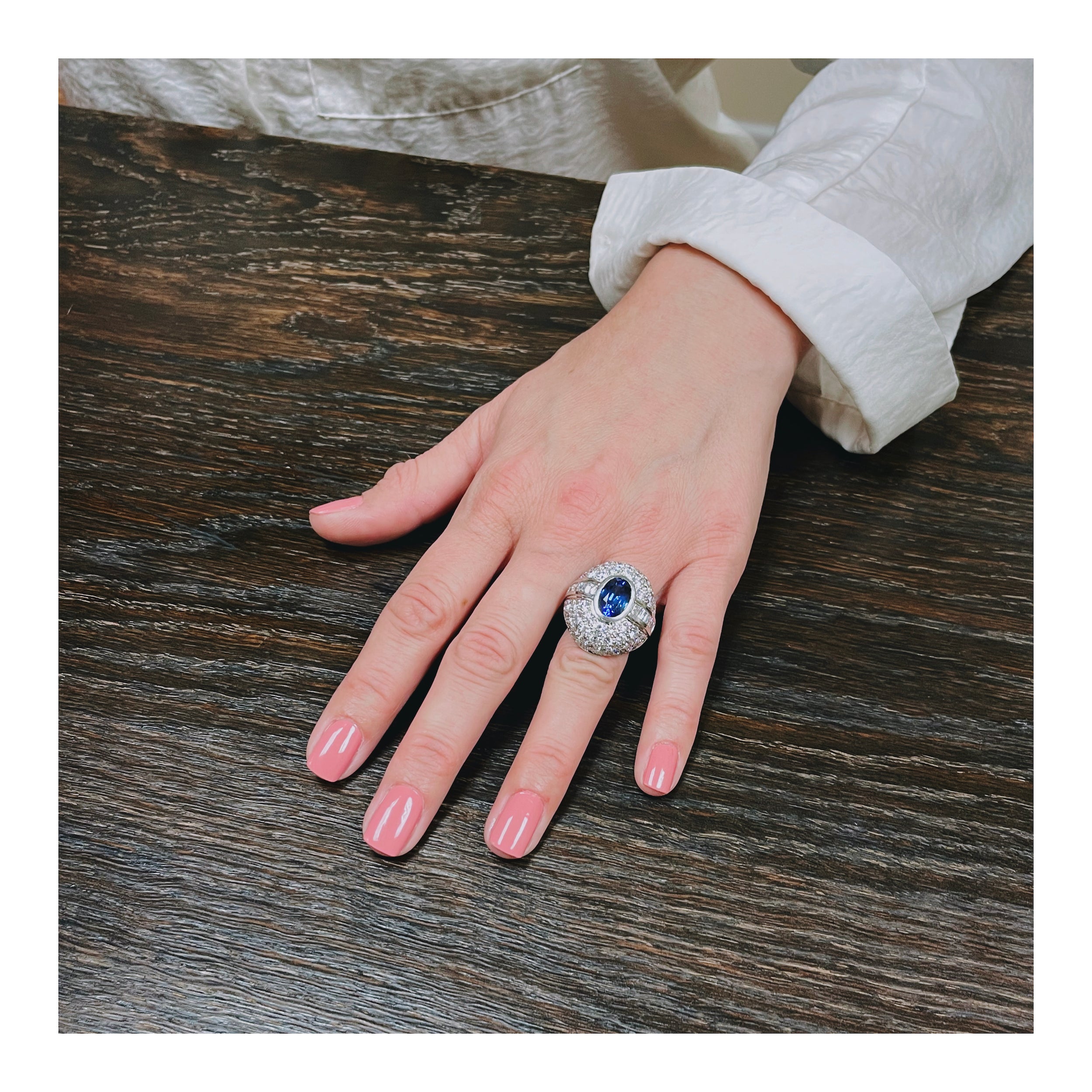 Sapphire and Diamond Platinum Bombe Ring, circa 1980s