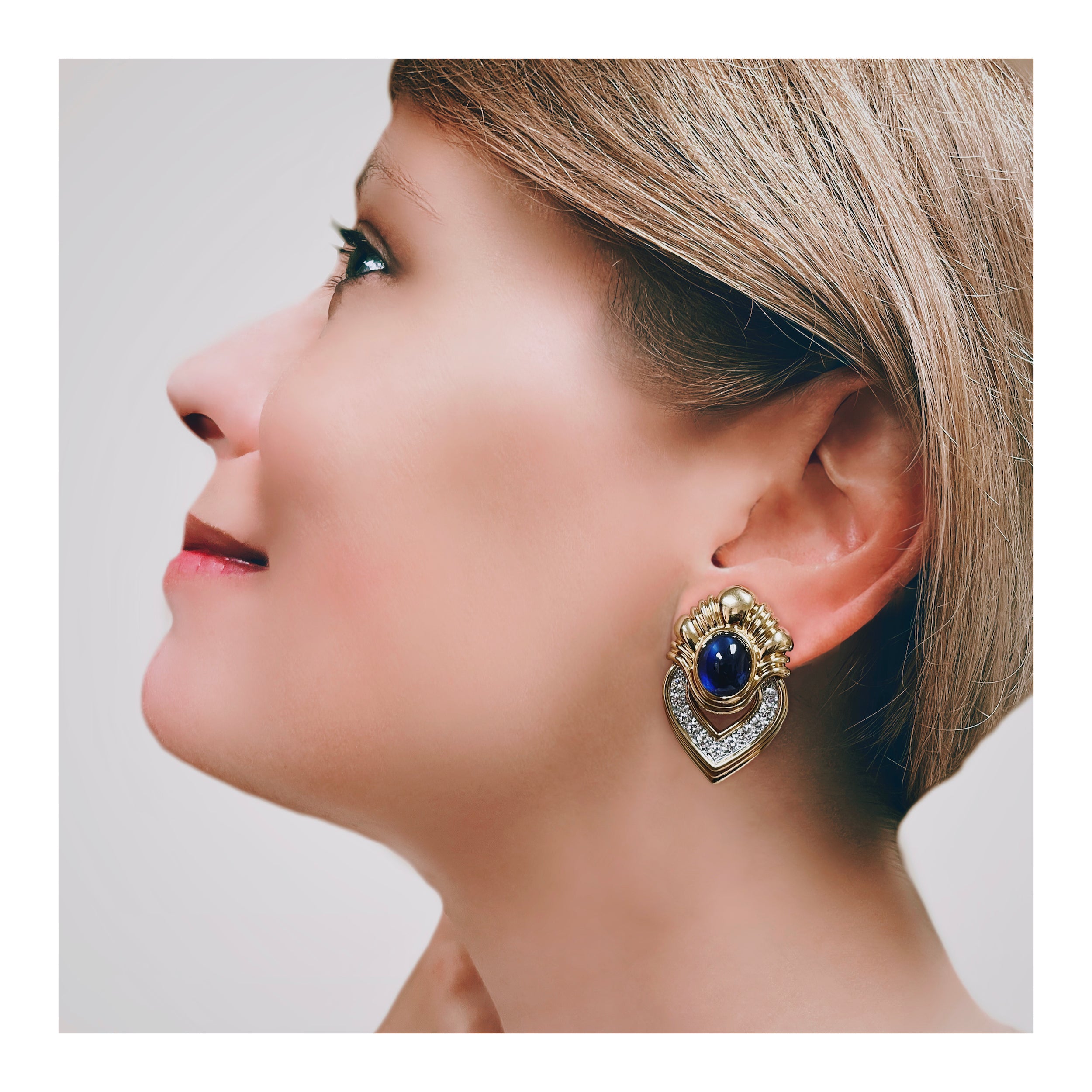 Sapphire and Diamond Platinum and 18k Gold Earclips