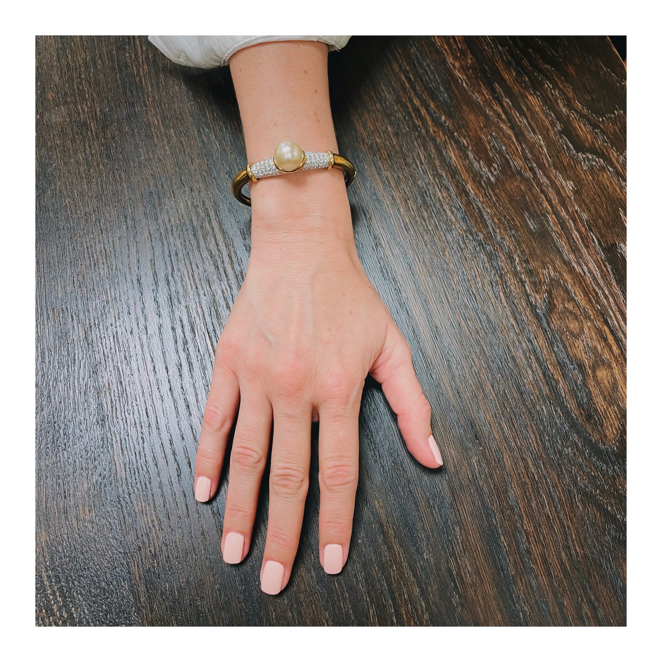 South Sea Pearl and Diamond 18k Yellow Gold Bangle, circa 1970s