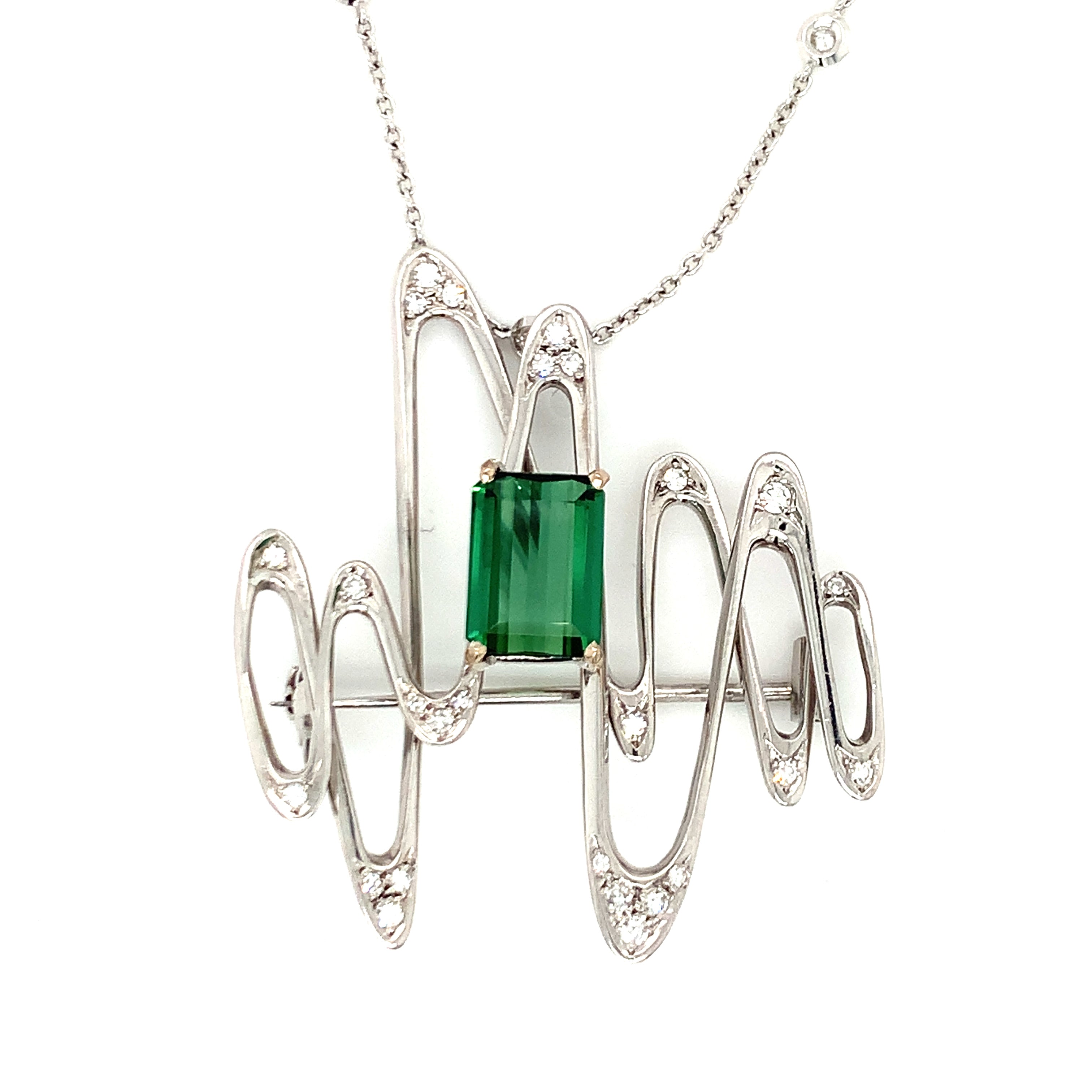 Tourmaline and Diamond 18K White Gold Brooch / Pendant