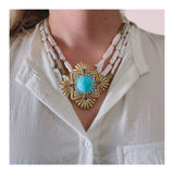 Turquoise, Diamond, Sapphire and Pearl 18K Gold Pendant / Brooch