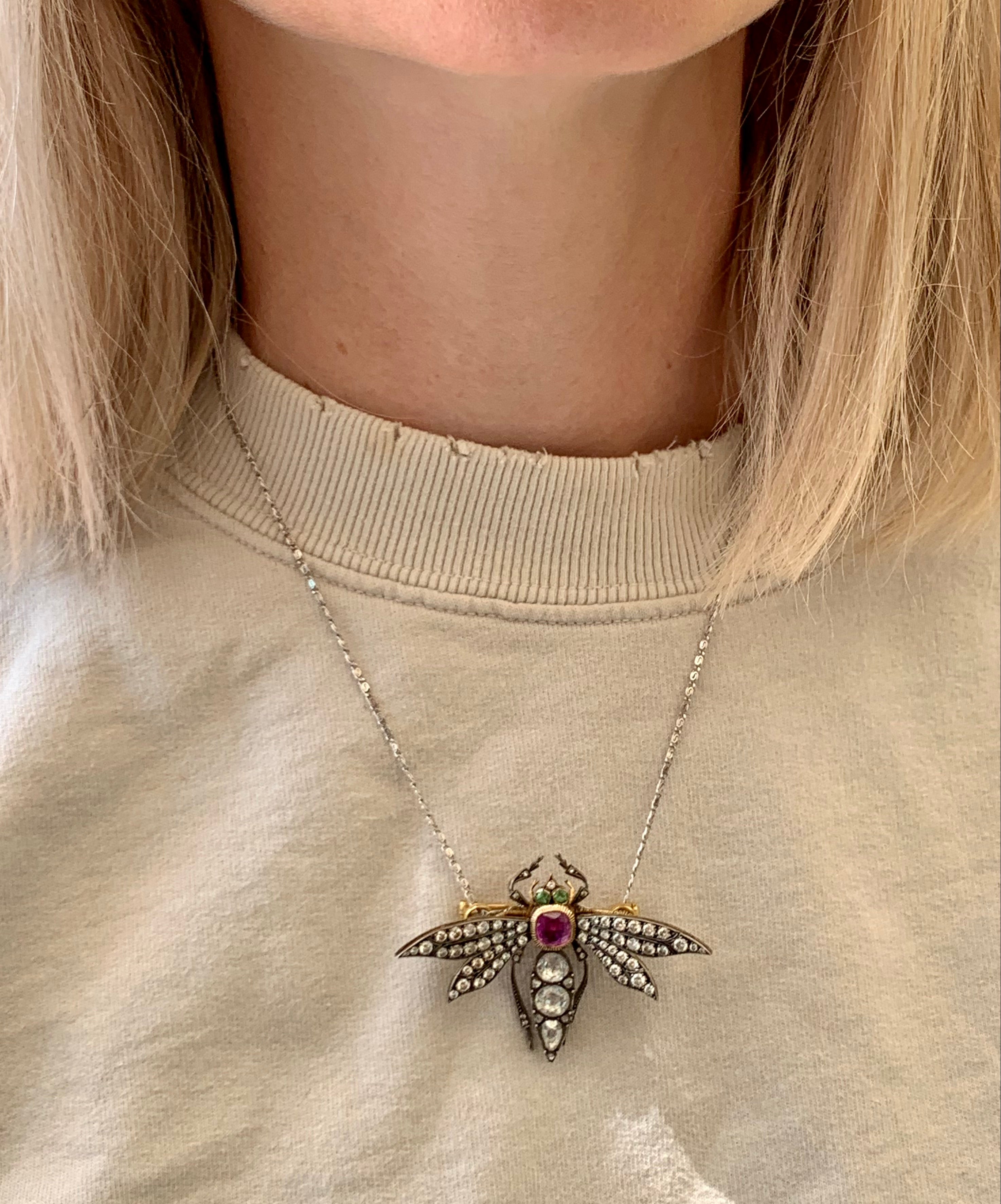 Victorian Gem-set Dragonfly Platinum and Gold Pendant / Brooch