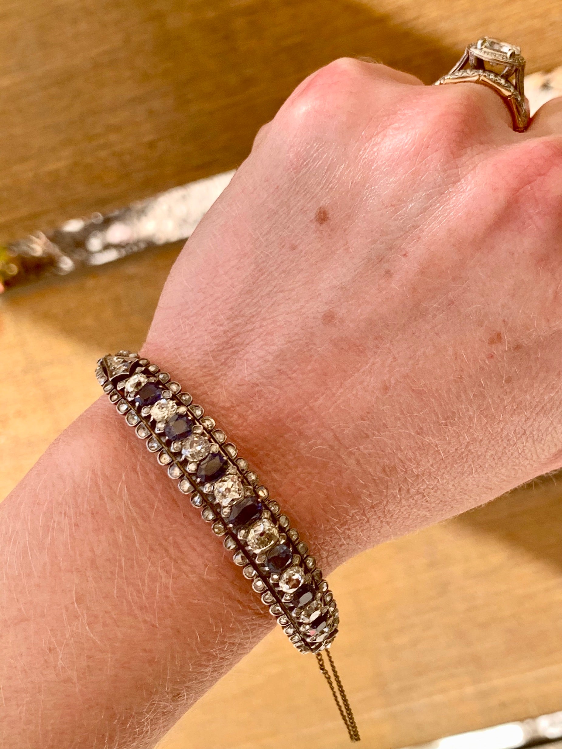 Victorian Sapphire and Diamond Cuff in Silver-Topped Gold, circa 1900s