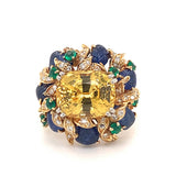 Yellow Sapphire and Multi-Gem Gold Cocktail Ring by Julius Cohen, circa 1970s