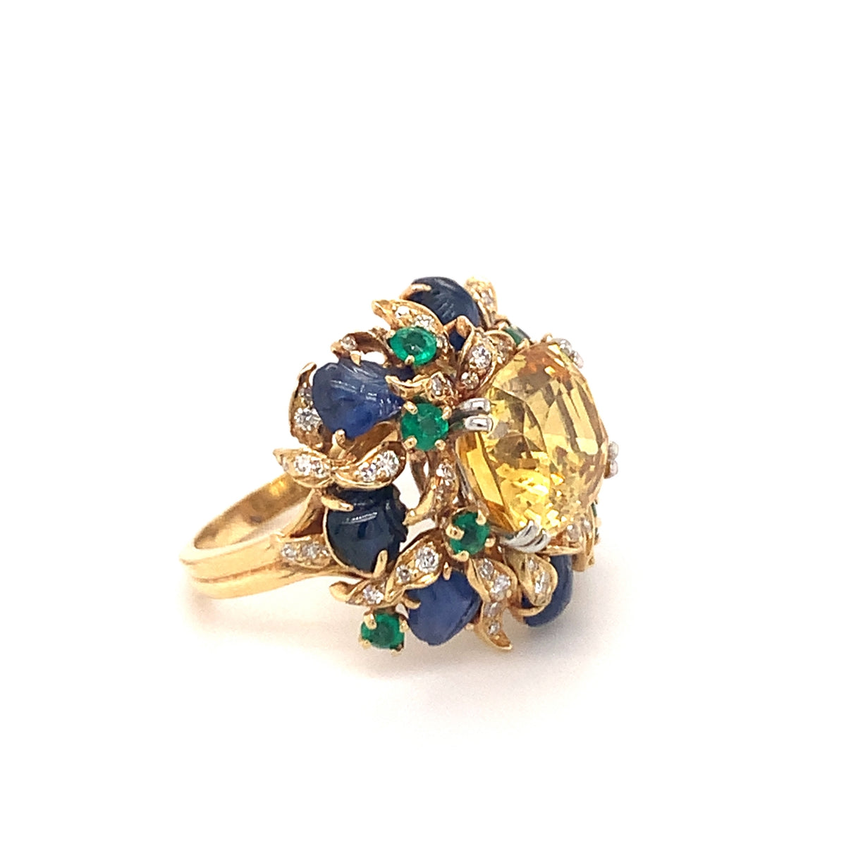 Yellow Sapphire and Multi-Gem Gold Cocktail Ring by Julius Cohen, circa 1970s