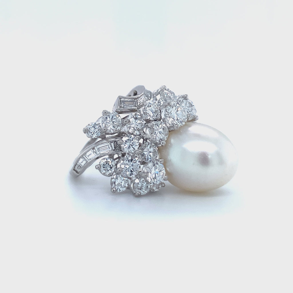 Mid-Century South Sea Pearl and Diamond Platinum Ring