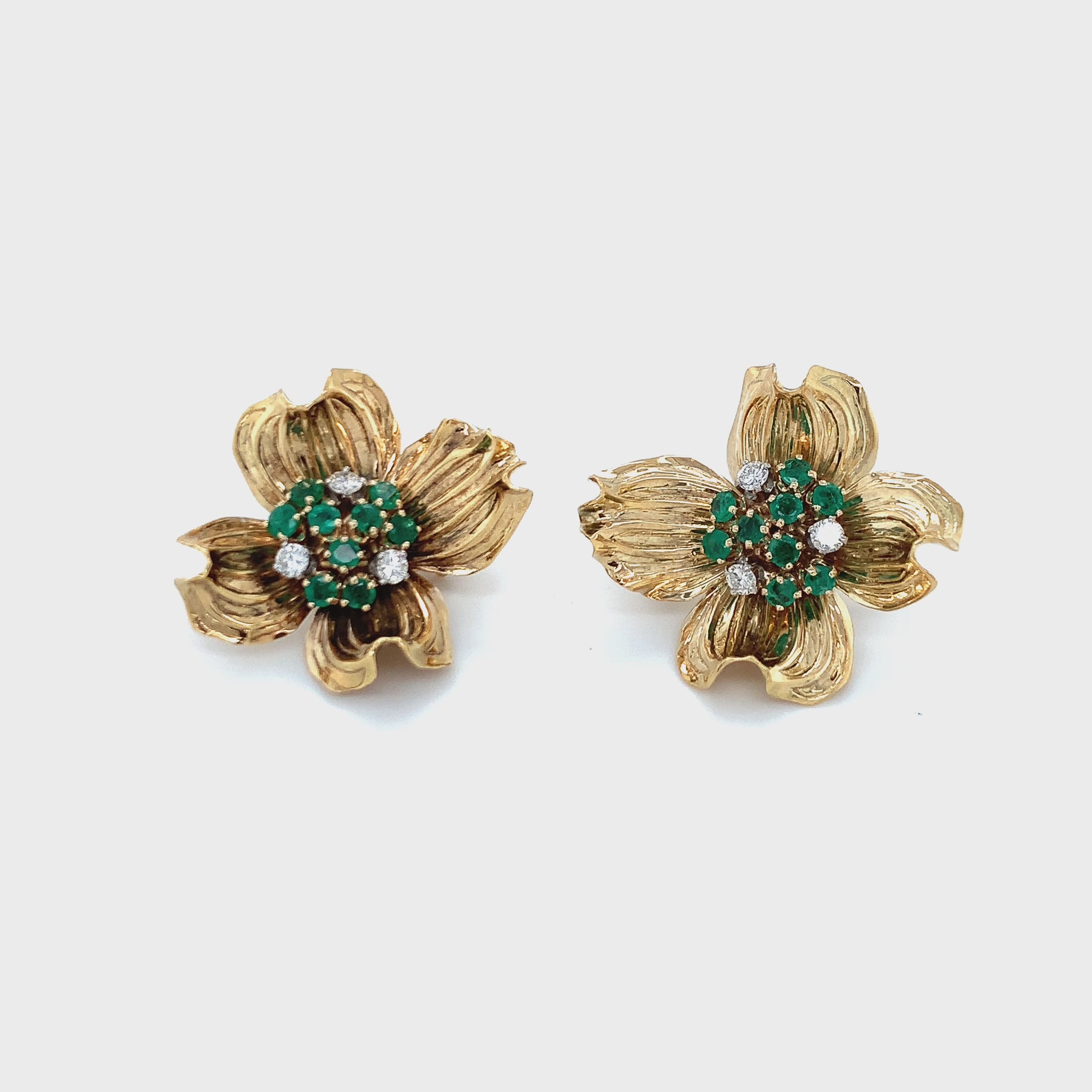 Emerald and Diamond Flower 18k Yellow Gold Earclips, circa 1960s