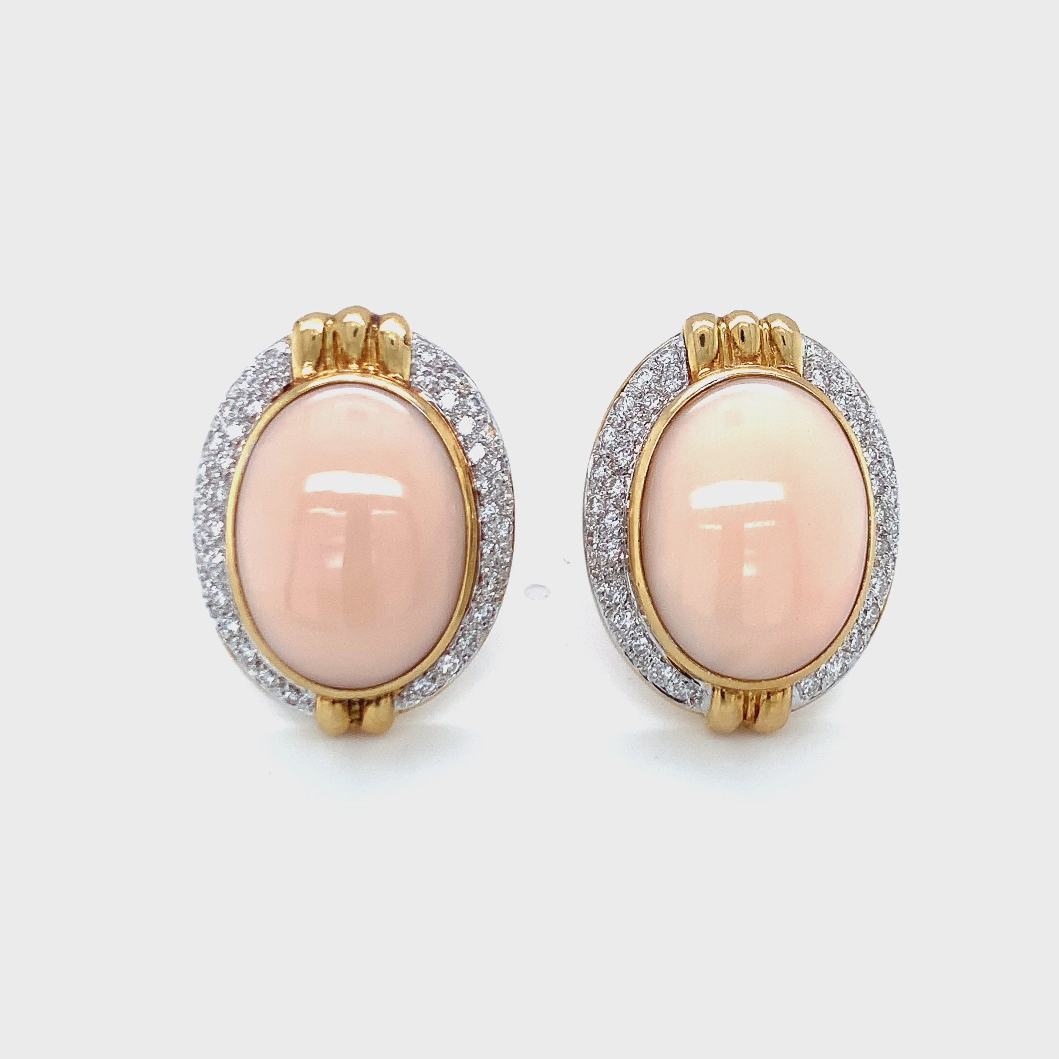 Pink Coral and Diamond 18K Yellow Gold Earrings, circa 1960s