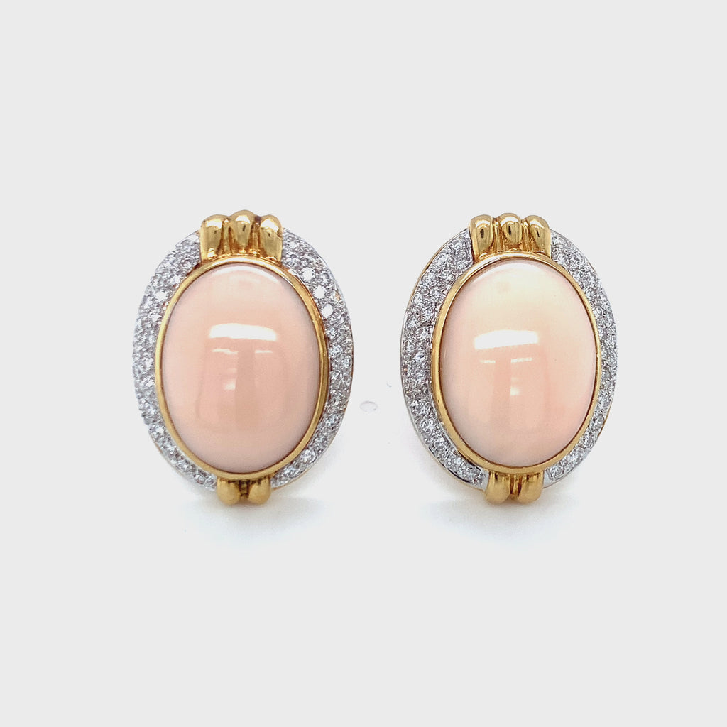 Pink Coral and Diamond 18K Yellow Gold Earrings, circa 1960s