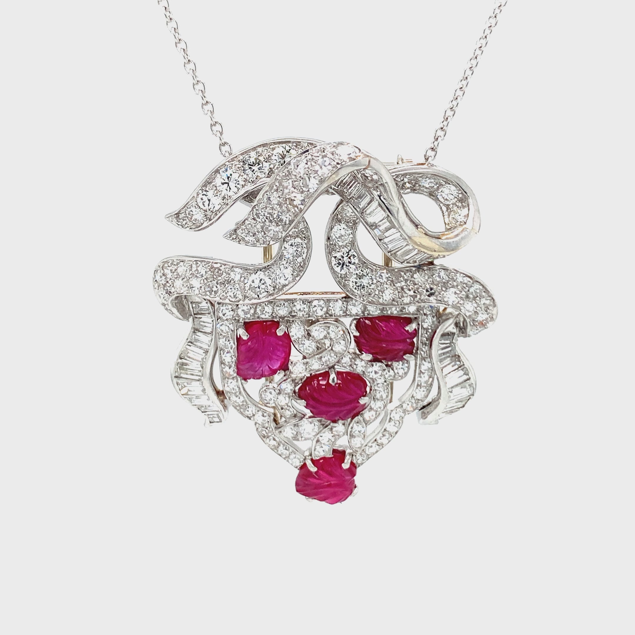 Art Deco Carved Ruby and Diamond Platinum Pendant