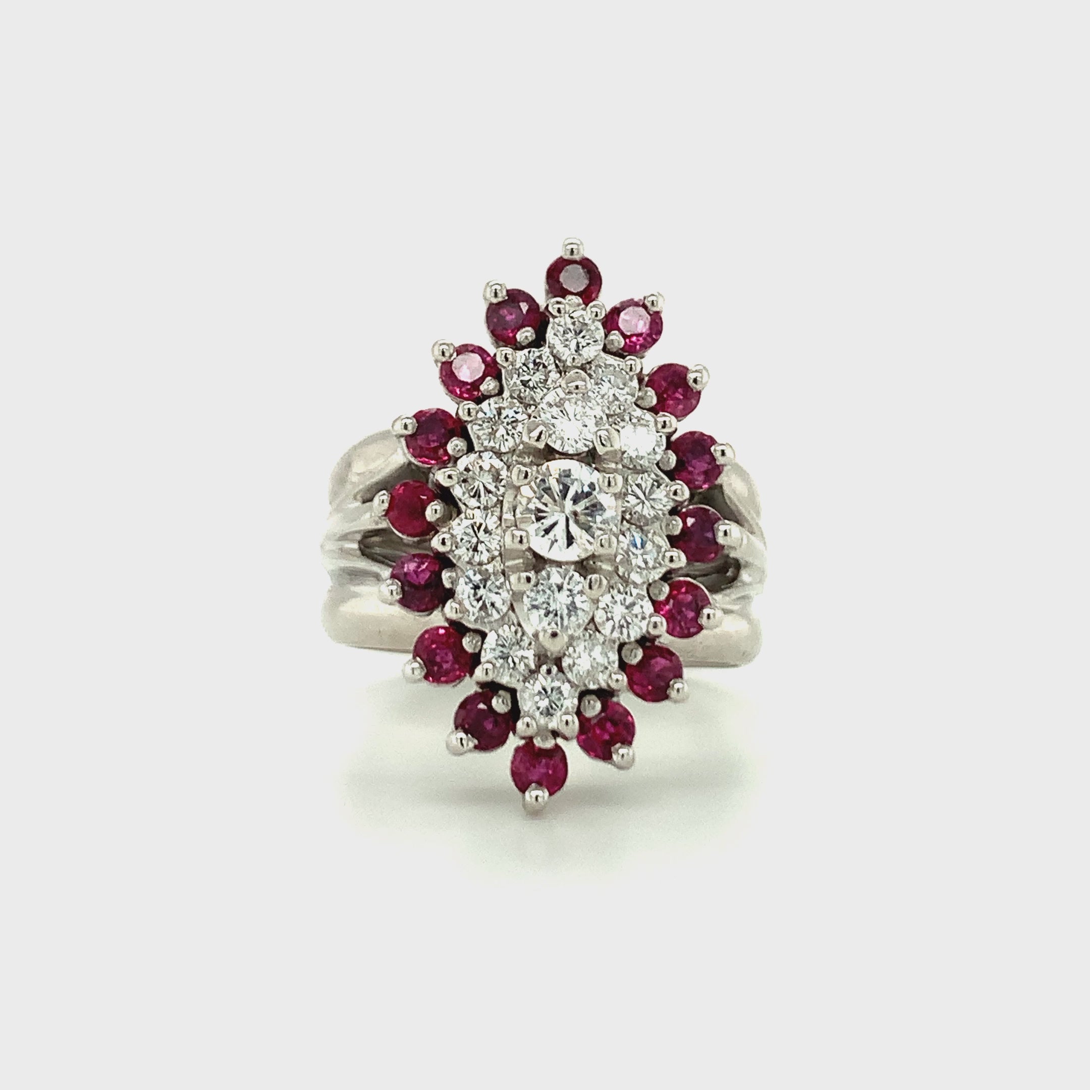 14K White Gold Diamond and Ruby  Cluster Ring