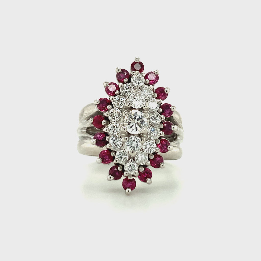 14K White Gold Diamond and Ruby  Cluster Ring