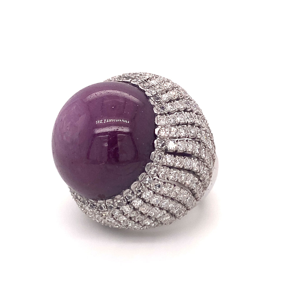Gia Certified 78.67 Carat Star Ruby and Diamond Bombe 14K White Gold Ring