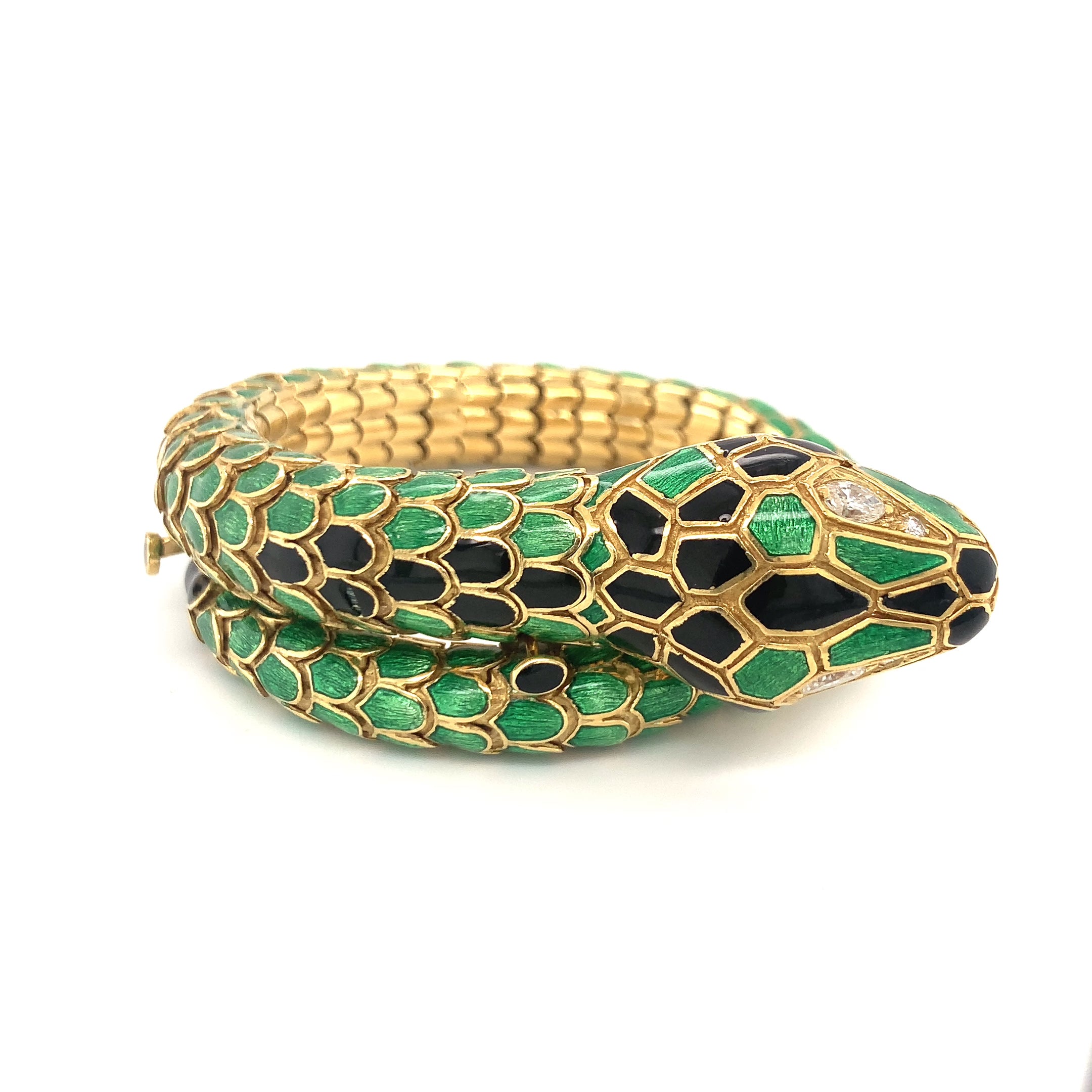 Snake Motif Enamel 18K Yellow Gold Coil Bracelet, circa 1960s