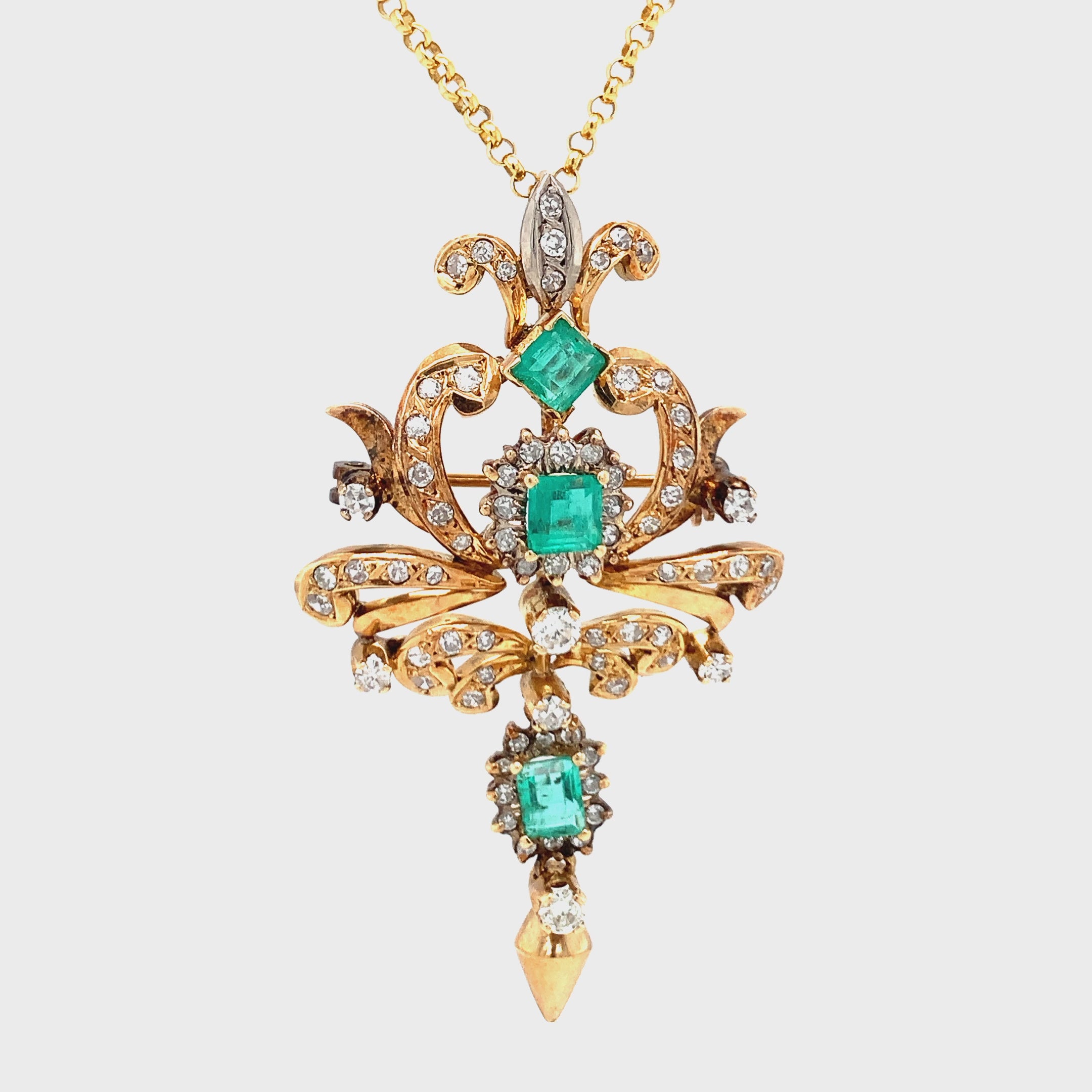 Victorian Emerald and Diamond 18K Gold Pendant / Brooch