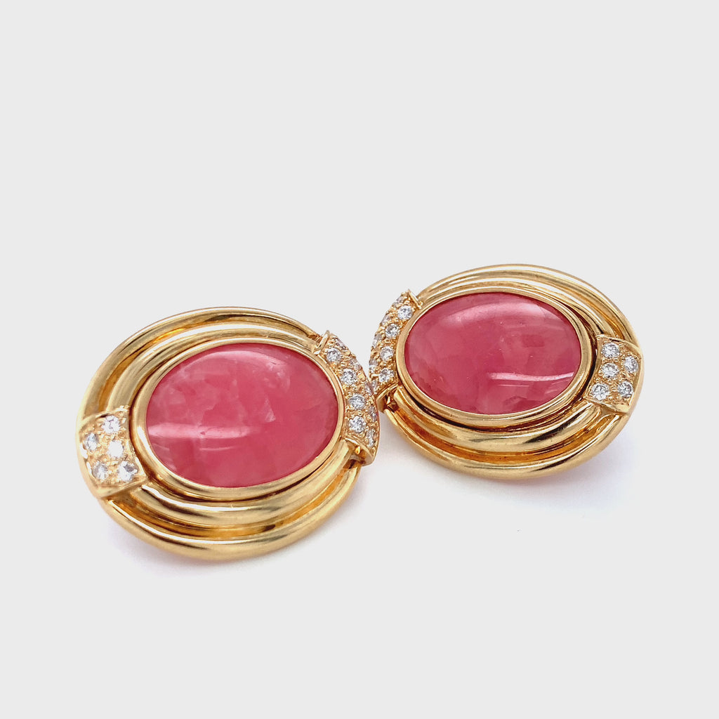 Rhodochrosite and Diamond Yellow Gold Earrings, circa 1960s