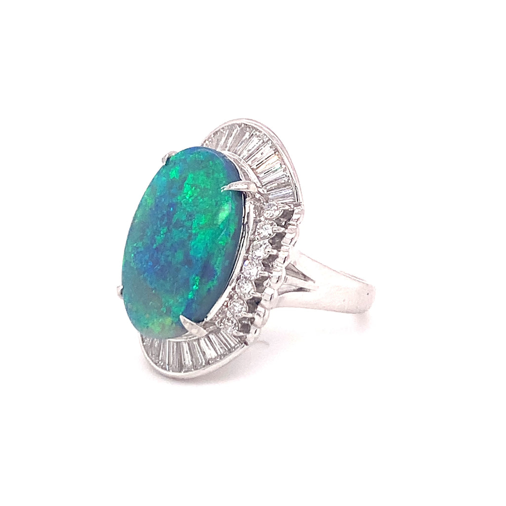 Mid-Century Black Opal and Diamond Ring in Platinum, circa 1950s
