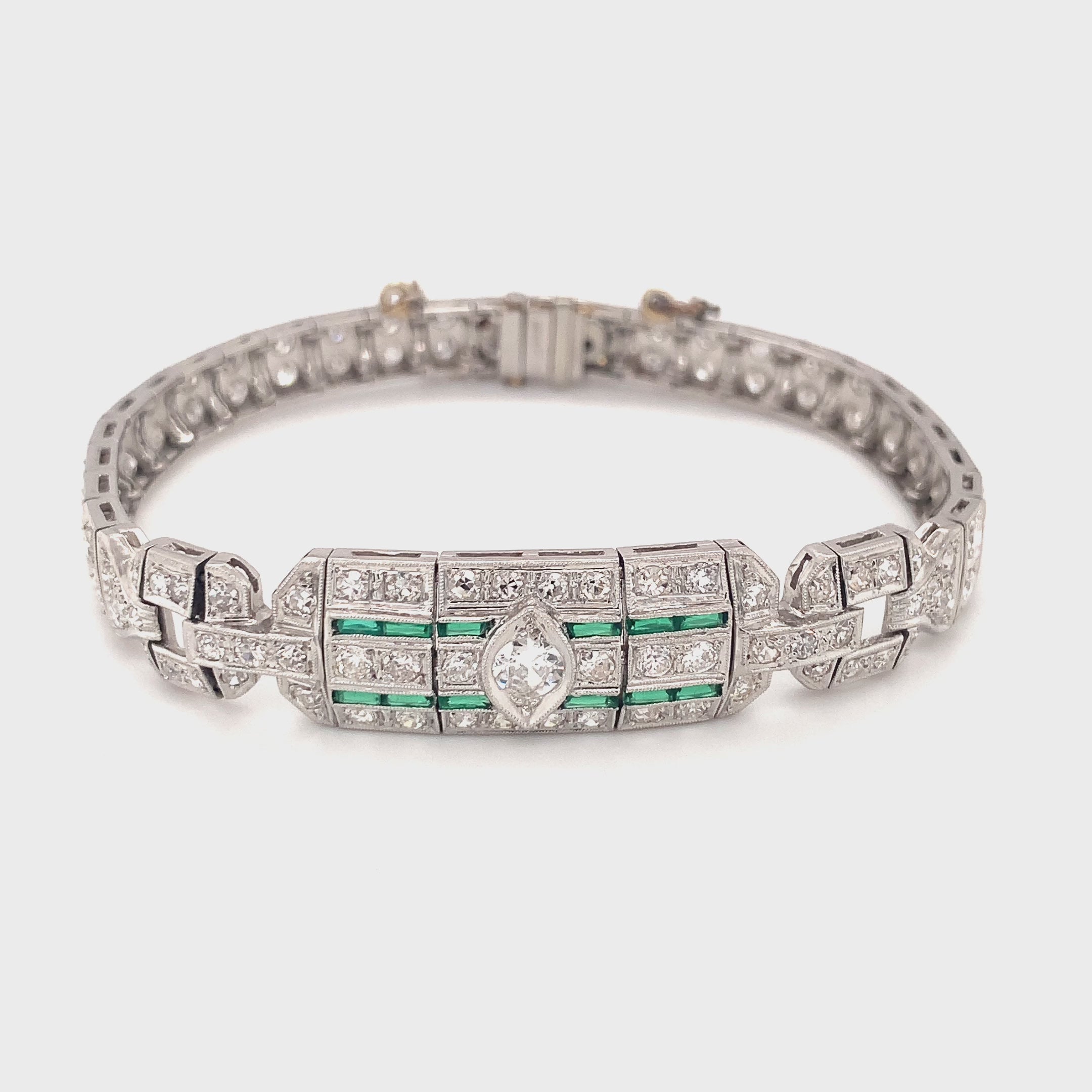 Art Deco Diamond and Emerald Platinum Bracelet, circa 1920s