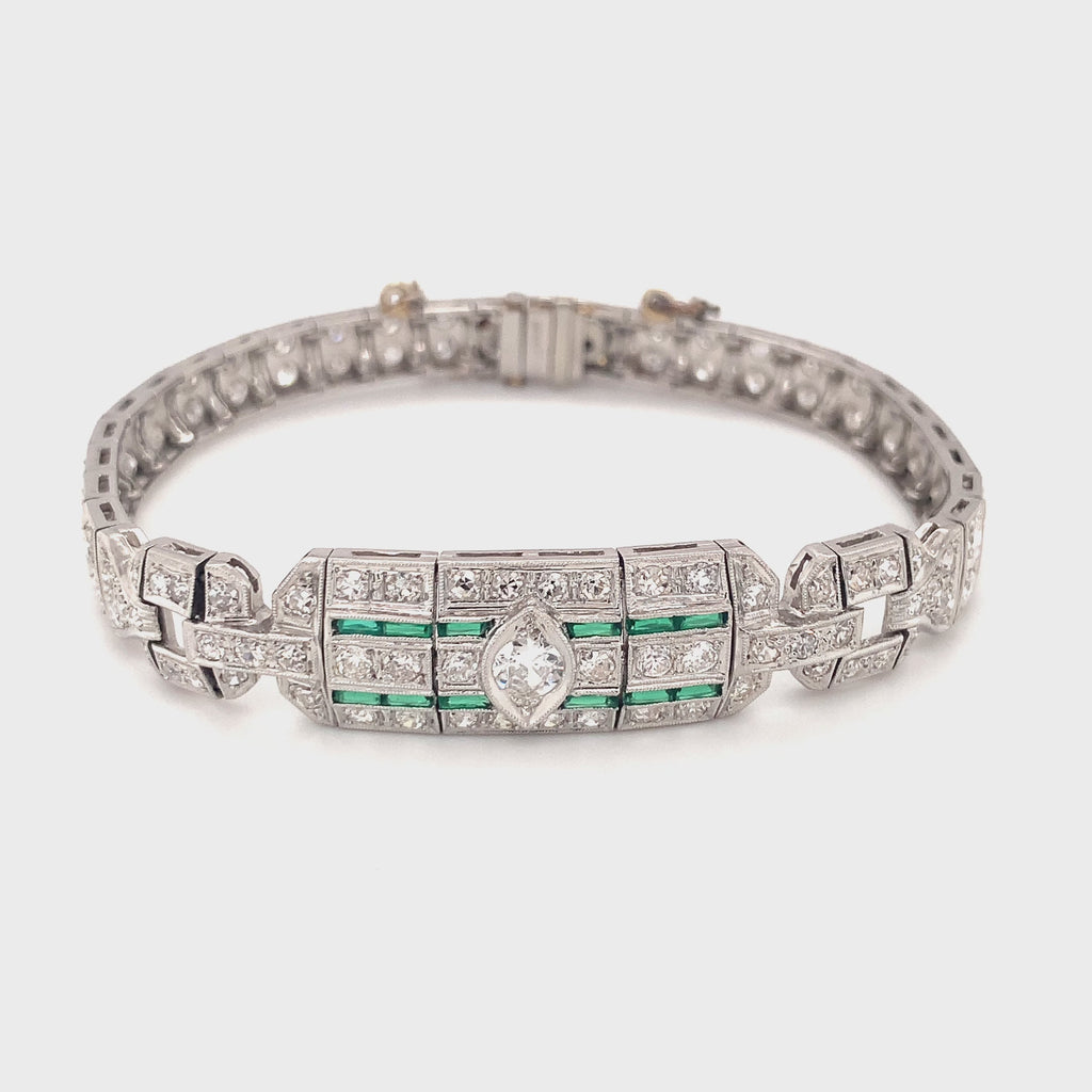 Art Deco Diamond and Emerald Platinum Bracelet, circa 1920s