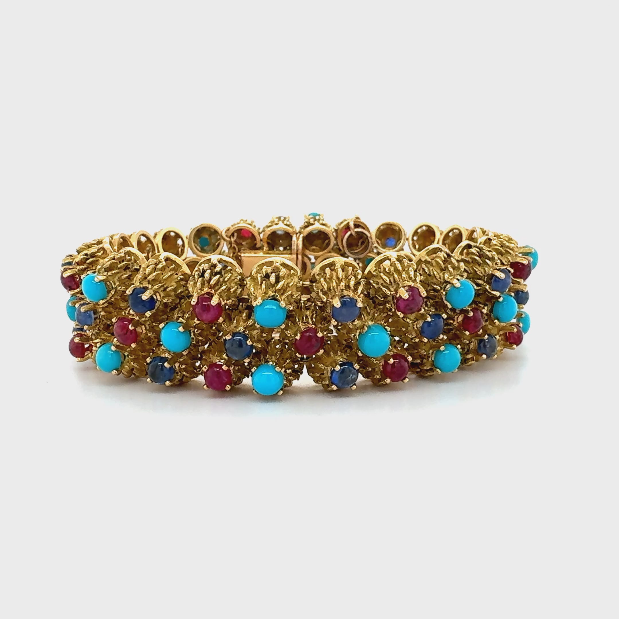 18K YELLOW GOLD RUBY, SAPPHIRE AND TURQUOISE BRACELET