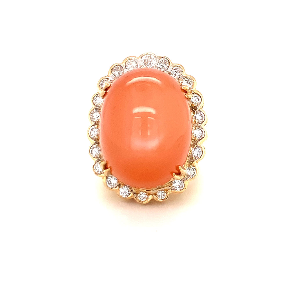 Peach Moonstone and Diamond Dome 18K Yellow Gold Cocktail Ring, circa 1970s