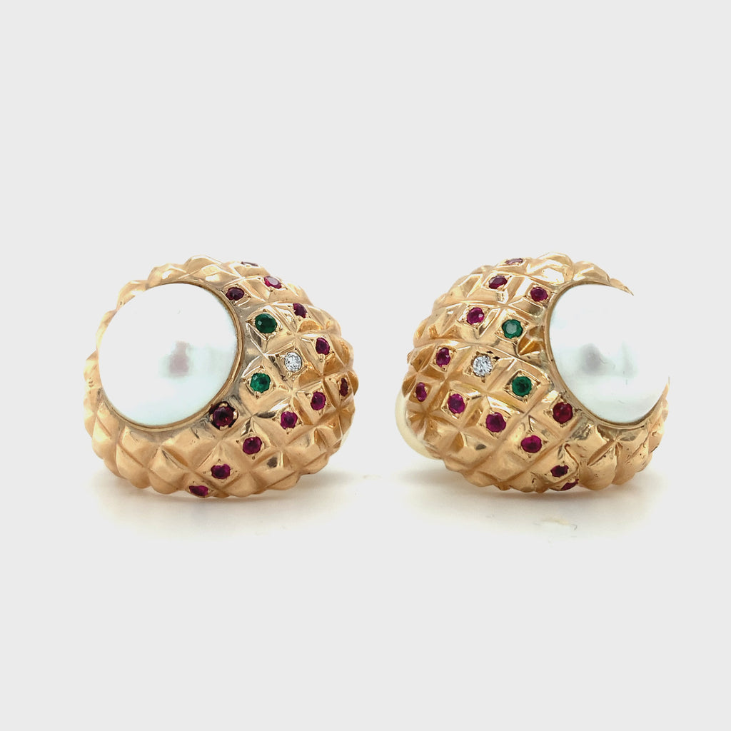Pearl and Multi-Gem 18K Yellow Gold Earrings