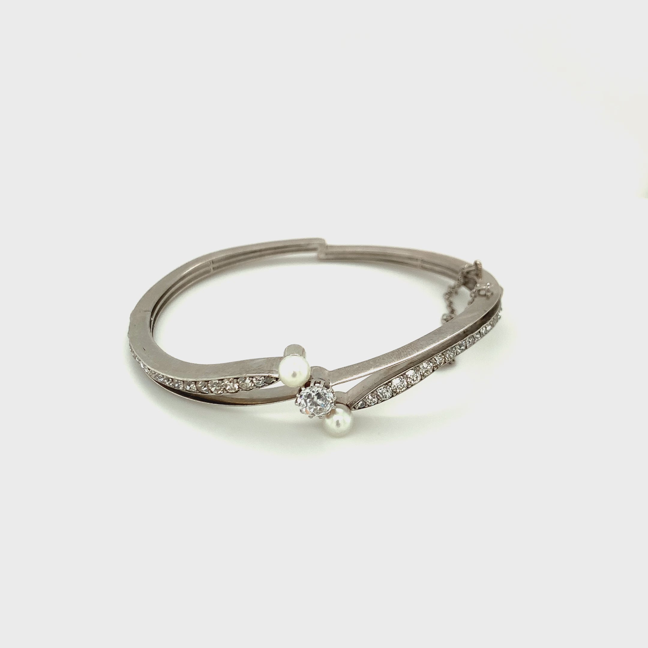 Victorian 14K White Gold Diamond and Pearl Bangle