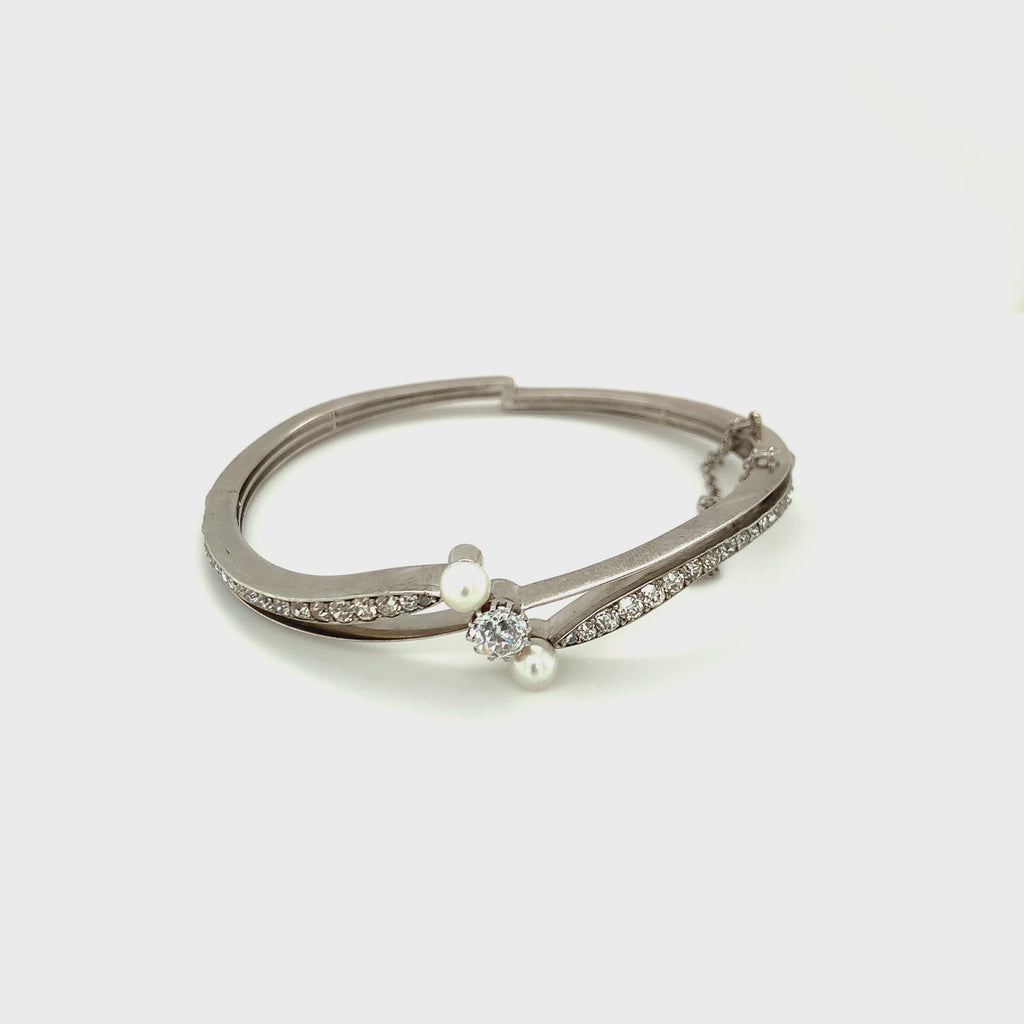 Victorian 14K White Gold Diamond and Pearl Bangle