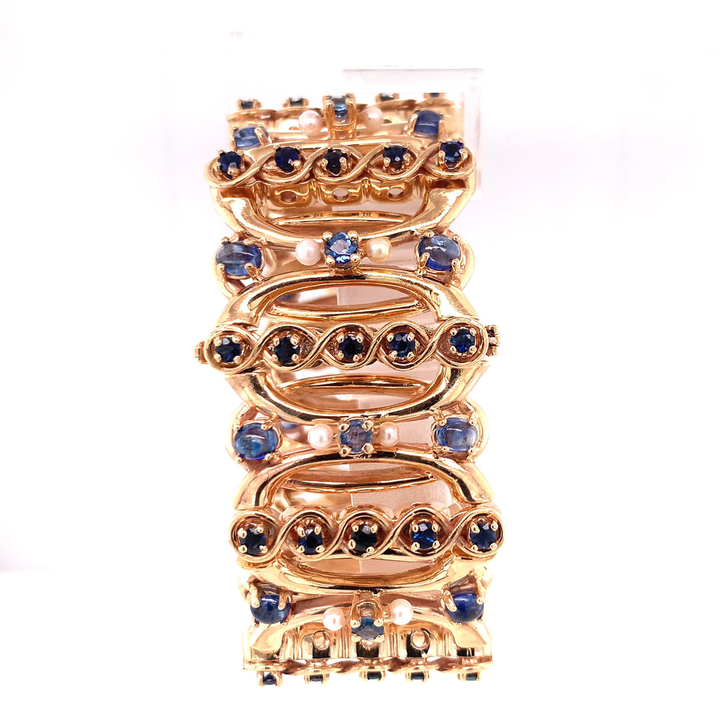 Retro Sapphire and Pearl 14k Yellow Gold Bracelet, circa 1940s