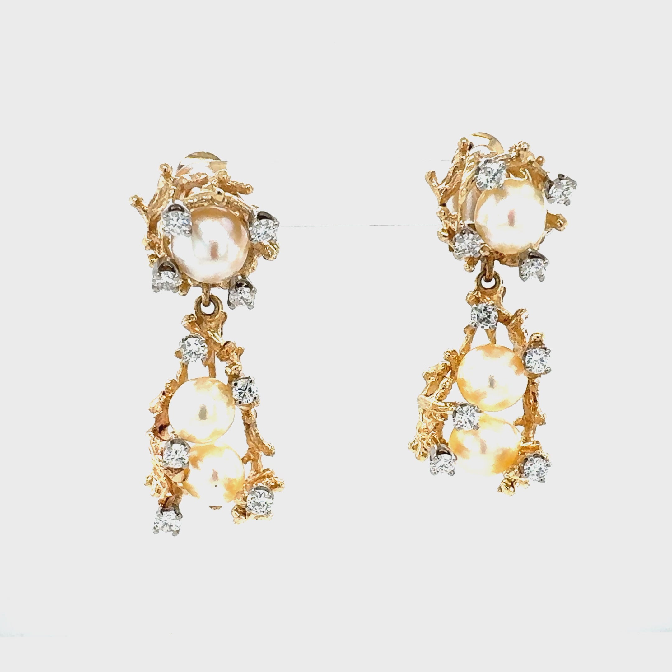 14K Yellow Gold Diamond and Pearl Dangle Earrings