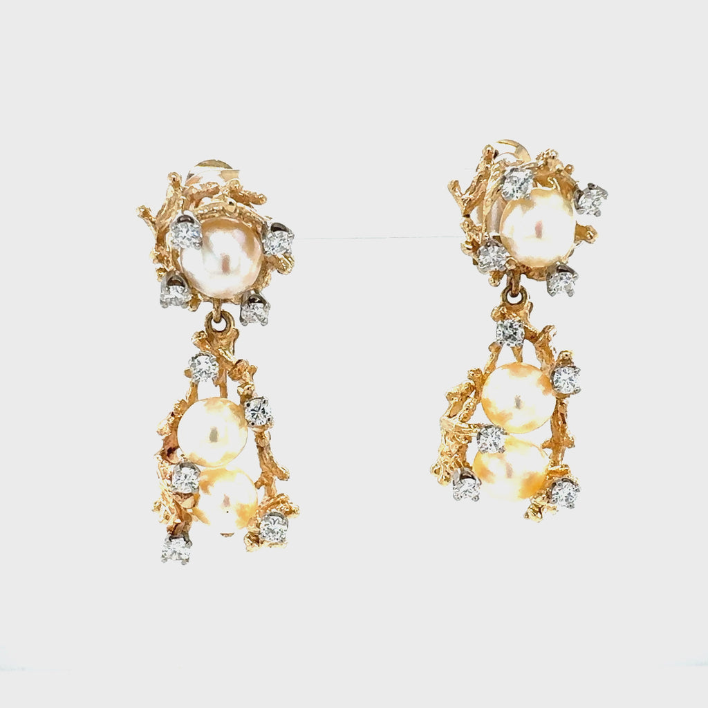 14K Yellow Gold Diamond and Pearl Dangle Earrings