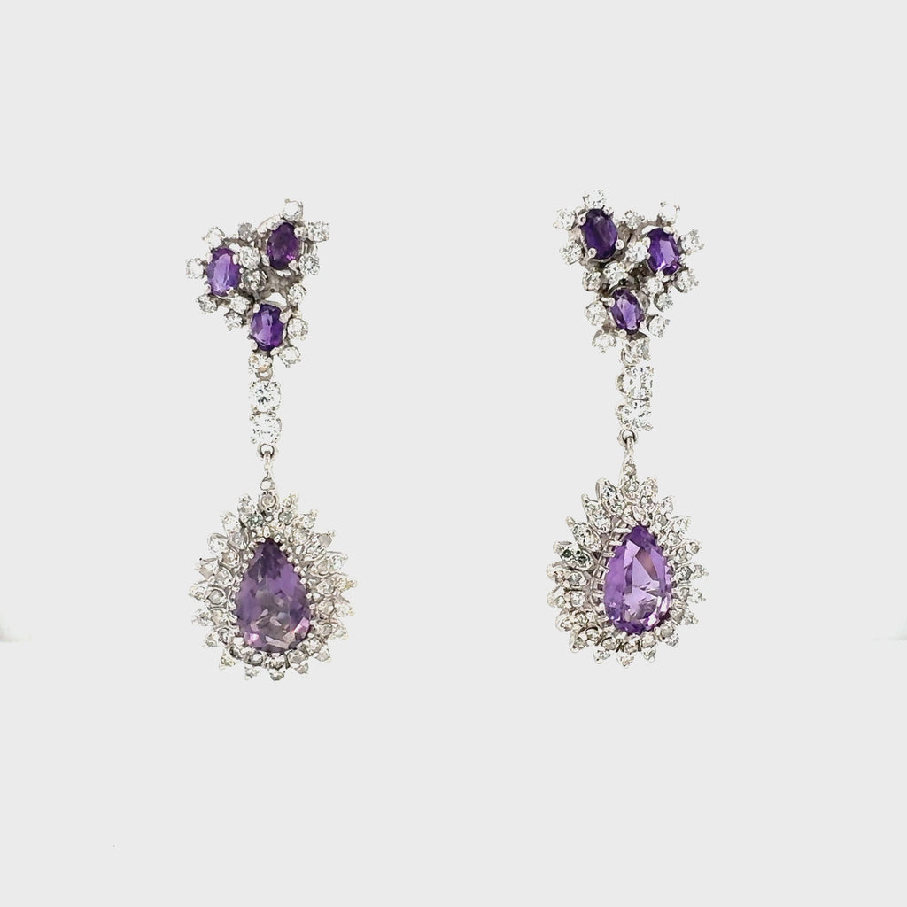 14K White Gold Amethyst and Diamond Dangle Earrings